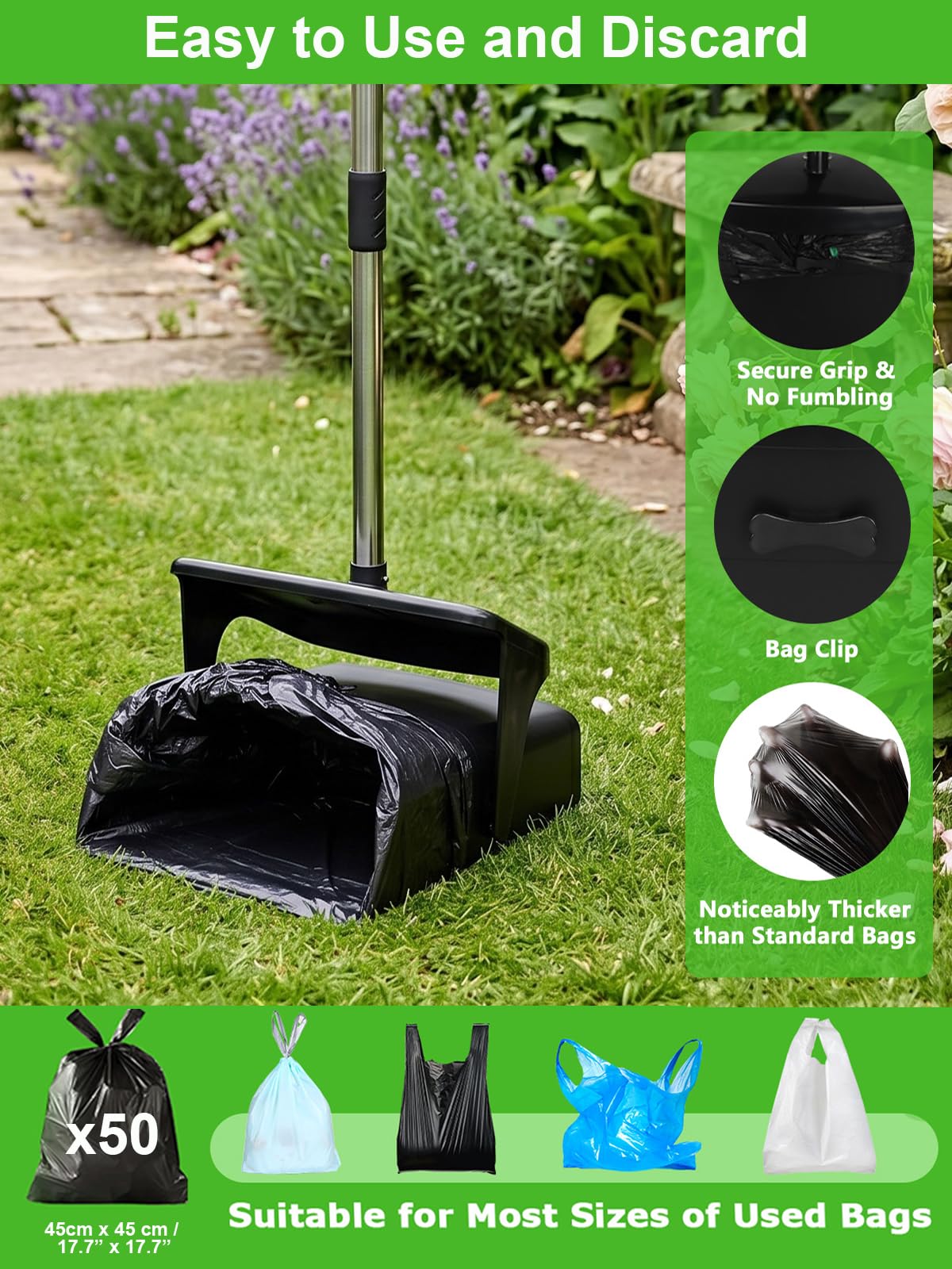 Long Manche Pelle à Déjections Canines et Râteau & Collecteur Pivotante | Acier inoxydable, Sans se baisser, Anti-odeurs, 50 sacs inclus, Pour jardin, cour et promenade quotidienne, Facile à Nettoye