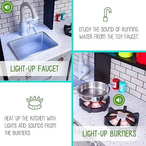 Miniatura 4 de Lil Jumbl Juego de cocina para niños cocina de juego de madera de simulación máquina de hielo quemadores grifo y microondas que hace un sonido y luz