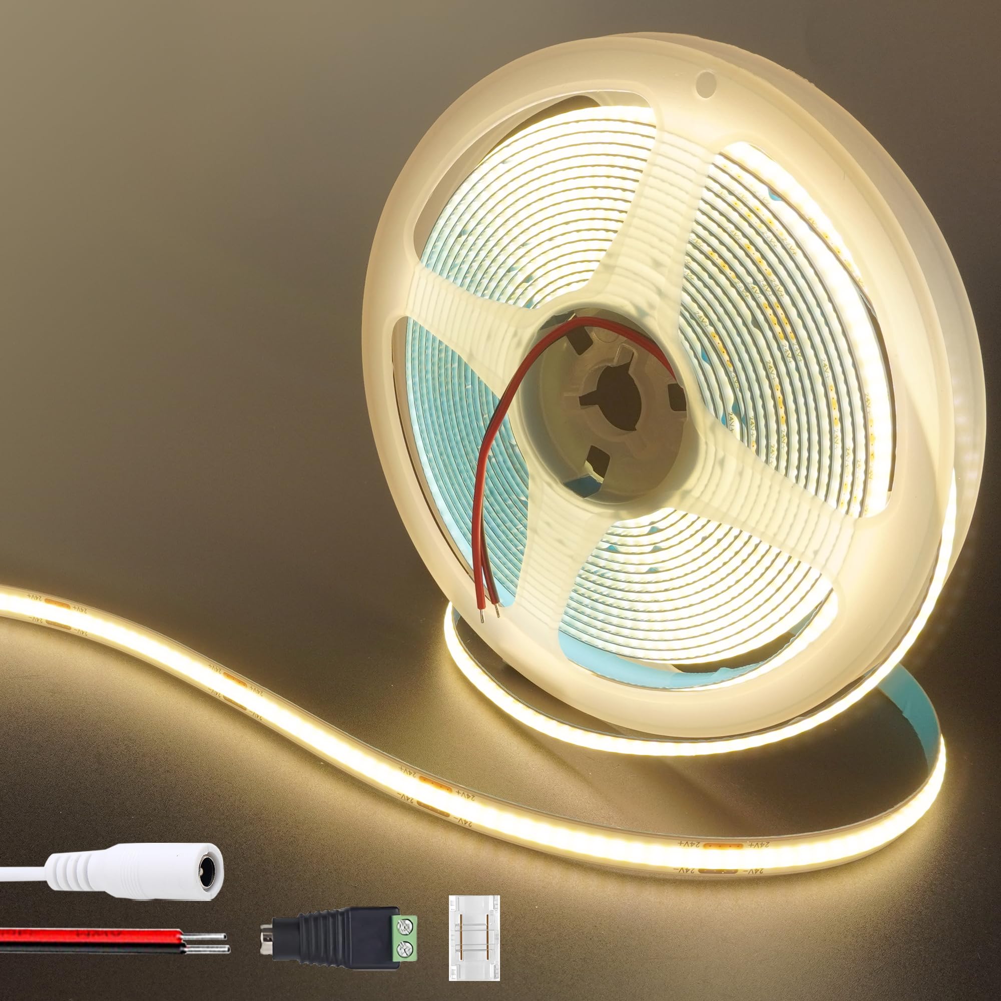 Clearhill 24V COB LED Strip Lights(No Power Supply),6.56FT/2M,Natural White 4000K,320LEDs/M,with 5521DC Female and red and Black Wire Connectors,8mm Width,IP20,for DIY Home Indoor Decoration