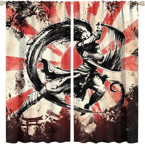 Cortinas japonesas de anime con pintura de tinta, Samurái, decoración de habitación, cortinas de ventana rojas, negras y blancas, cortinas para disponible en Yaxa Peru