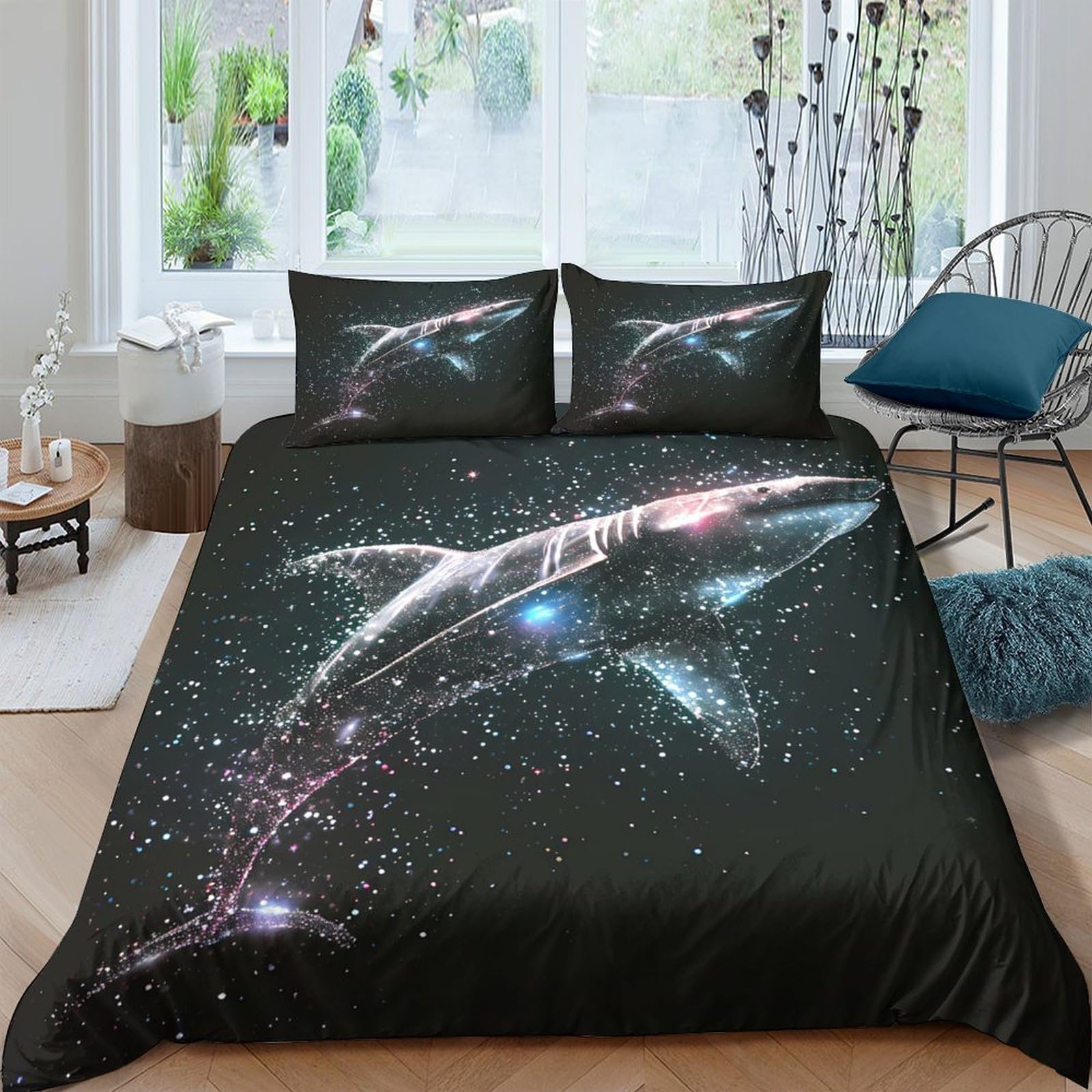 GPLZQXKJNH 3D Printed Shark Galaxy Duvet Cover Set Microfiber Black Bedding with 2 Pillowcases for Bedroom Decor Rental Single（135x200cm）