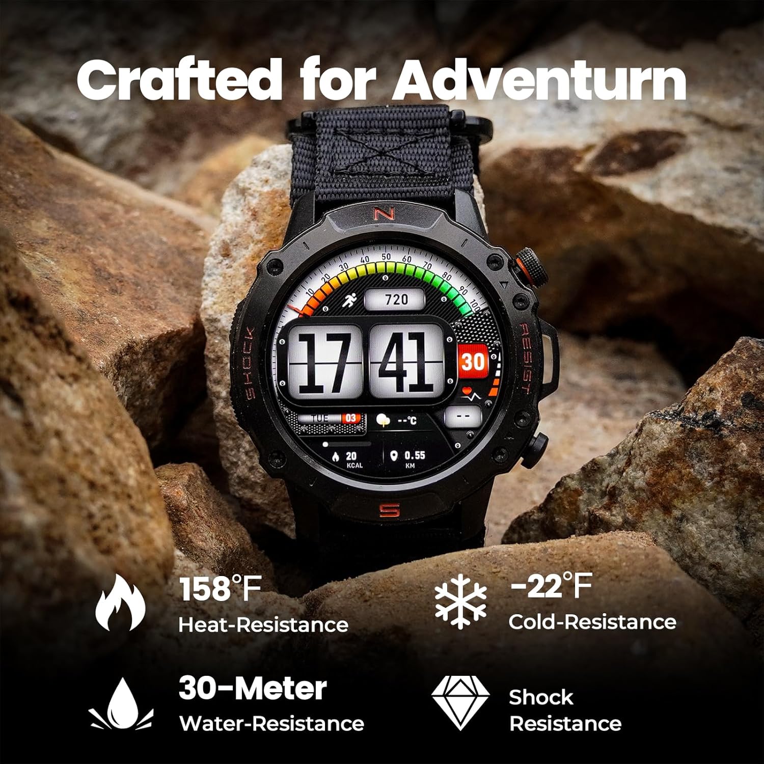 WalkerFit Military Smart Watch for Men (170+ Sports Modes), 1.43" AMOLED Rugged Watch with Bluetooth Call, 3ATM Waterproof Fitness Tracker Watch, Long Battery, for iPhone Android, Black Nylon