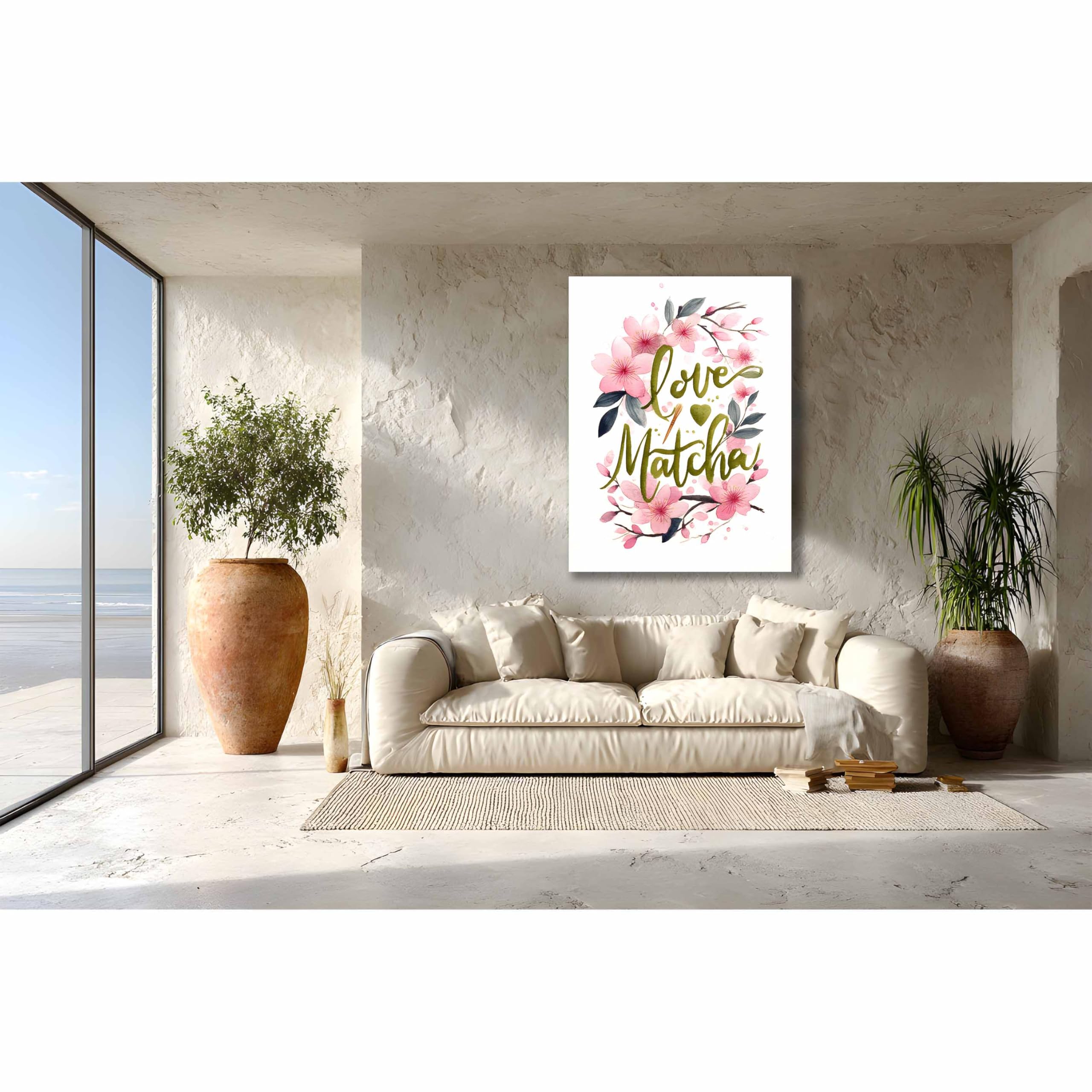 Kunstbruder Leinwand‑Kunstdruck Love & Matcha – Rosa Blüten mit Olivgrün, 70x100 cm in für moderne Wohnräume und Praxis, hochwertige Leinwand auf Holzrahmen