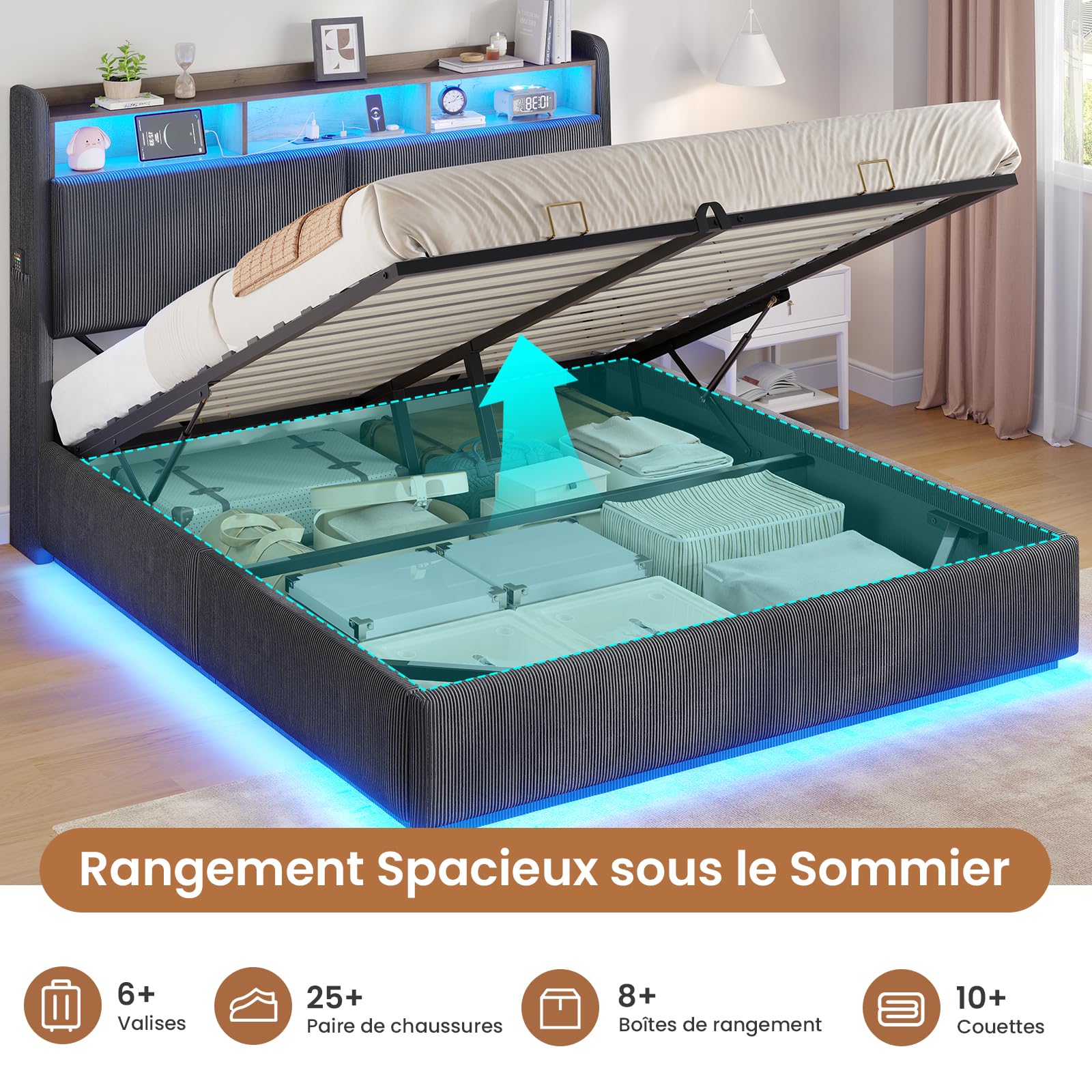AOGLLATI Cama Matrimonial 140x190 con Almacenamiento Hidráulico | Cama Juvenil con Cabecero, Cama Canape con 270° LED y Carga Integrada, Somier Estructura de Cama Listones Madera, Pana Gris