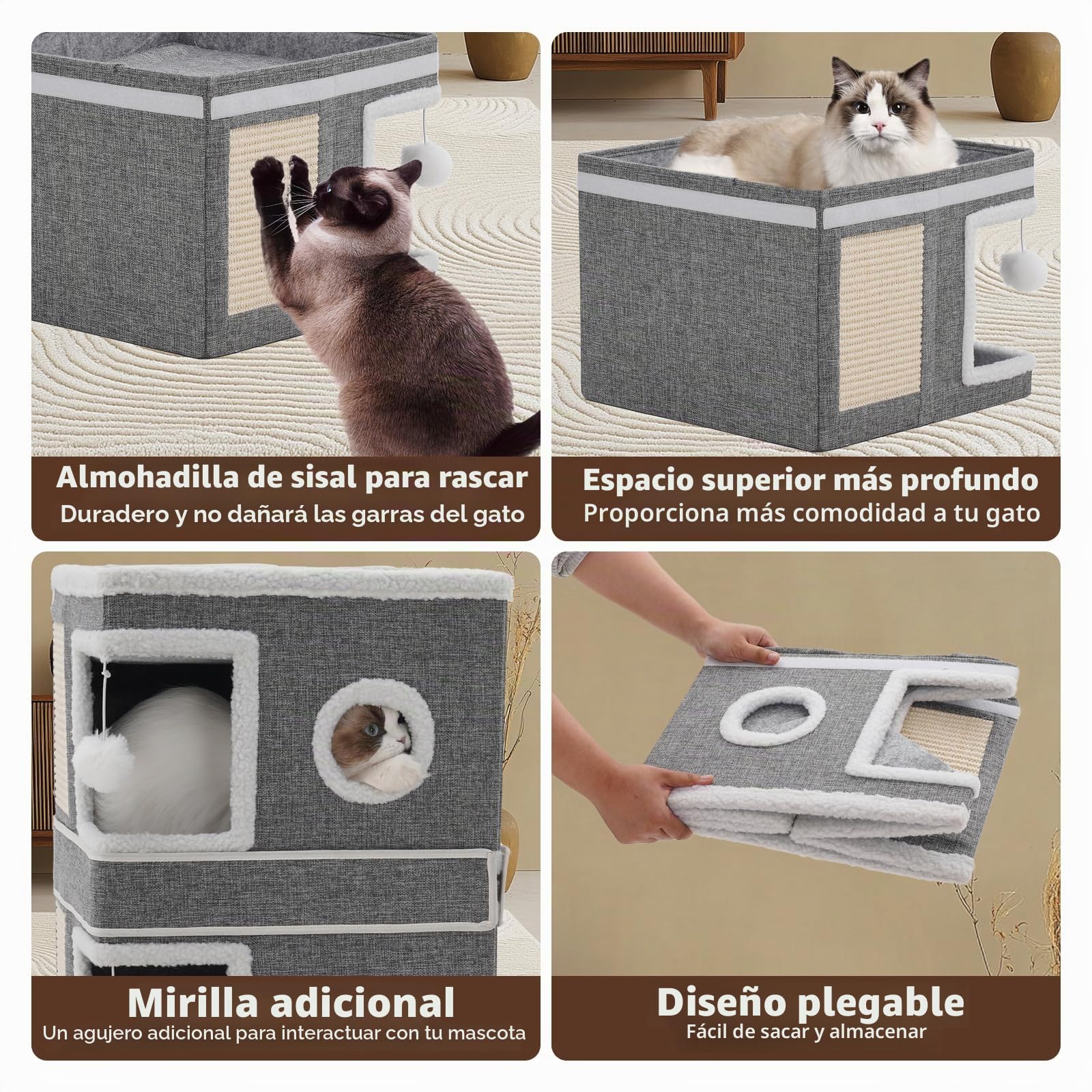 Casa para Gatos para Interiores, Plegable con Tabla para rascar, Pelota de Juego, Cueva para Varios Gatos, 3 Pisos, casa para Gatos, Cama para Gatos, 40x40x63 cm, Gris
