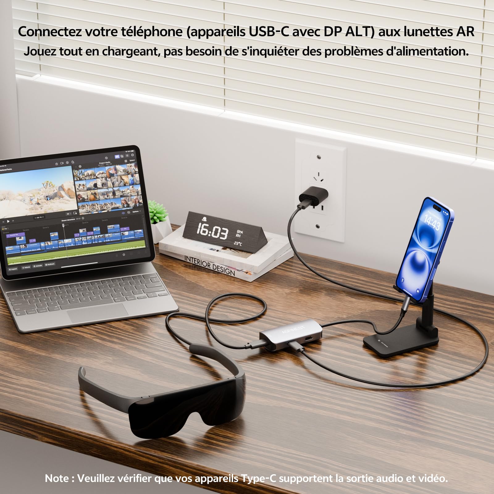 Adaptateur de Lunettes AR, USB C vers Lunettes AR avec Charge PD100W, 4K@60Hz Compatible avec iPhone 15/16 /Laptop/Lunettes Viture/Rokid/Xreal AR/Rayneo（Interface Périphérique USB-C