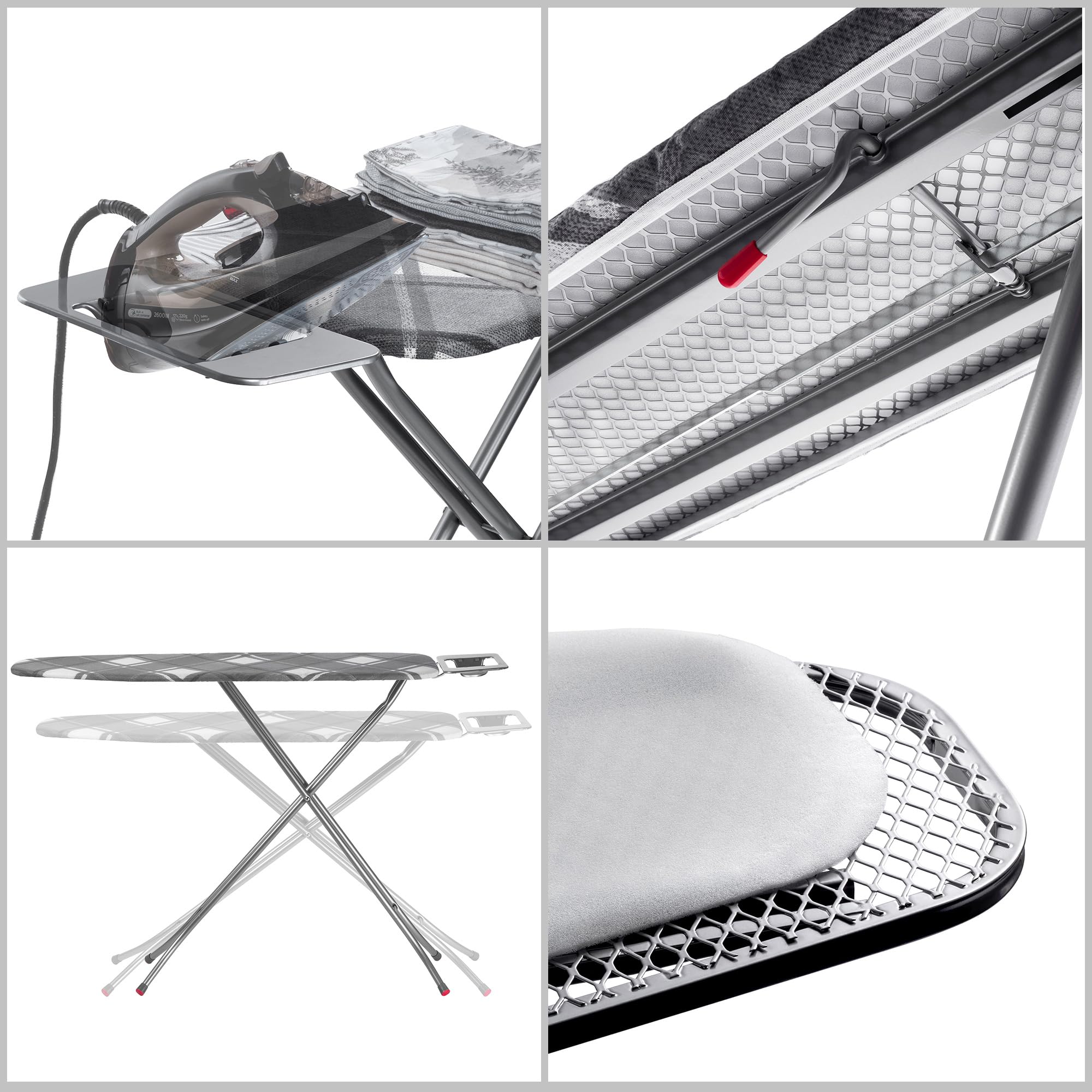 KADAX Bügelbrett groß 114x34cm - Stabiler Bügeltisch für Dampfbügelstation, klappbar, höhenverstellbar, mit Metallgitter & Bügeleisenablage, Made in EU