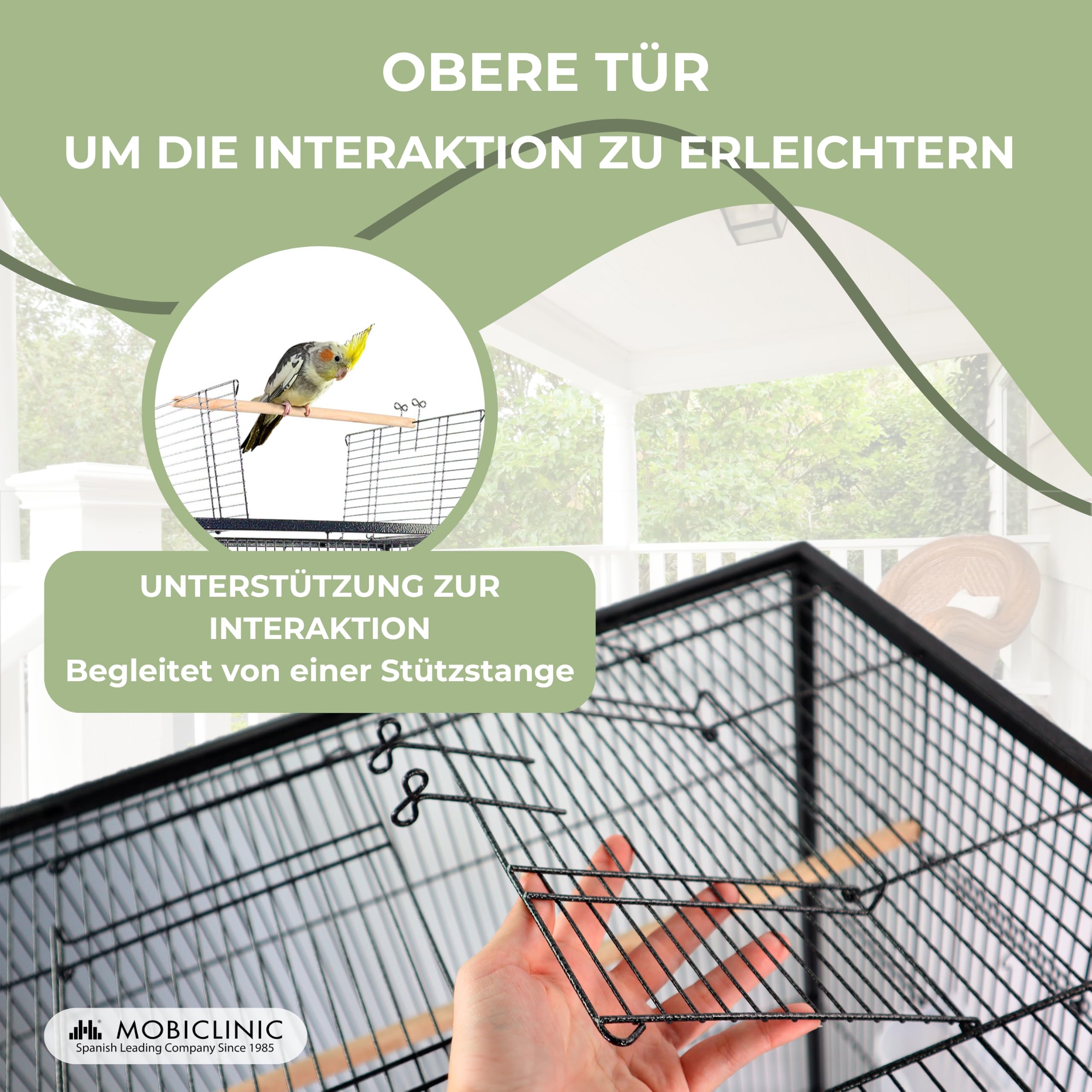 Mobiclinic®, Vogelkäfig, XL, Transporträder, Bremsen, Öffnung nach Oben, Herausnehmbares Tablett, 8 Türen, Großformat, 95x43x61,5 cm, Futterstellen, Tränken, Sitzstangen, Ruhebarsch, NINFA