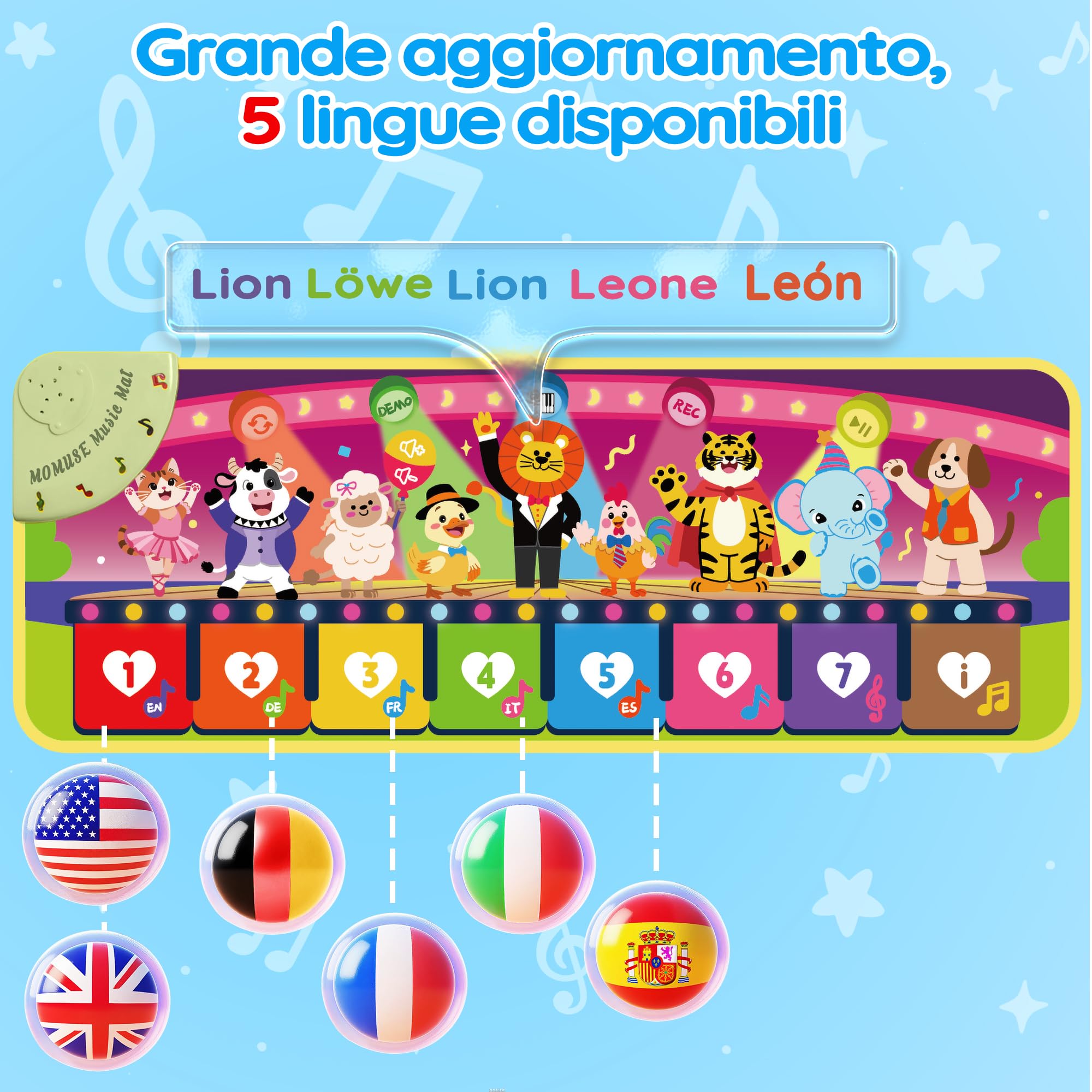 MOMUSE Tappeto Musicale 5 Lingue (IT/DE/FR/EN/ES), Regali Bambini 1 Anno, Tappeto Gioco Multilingue con 9 Animali, Portatile, Leggero, Regalo per Natale/Compleanno Bambini 1 2 3 4 Anni