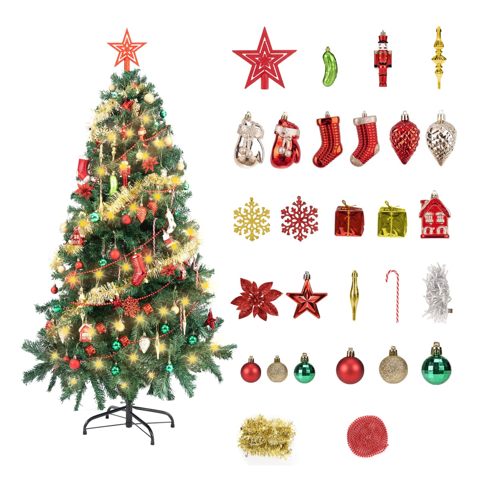 Photo 1 of Azalon 5FT-450Tips Artificial Christmas Tree with 102 Hanging Ornaments & 8 Flash Modes LED Lights & Metal Stand, Seasonal Holiday Decoration Tree (Green) 5FT SET-With 102 Ornaments
