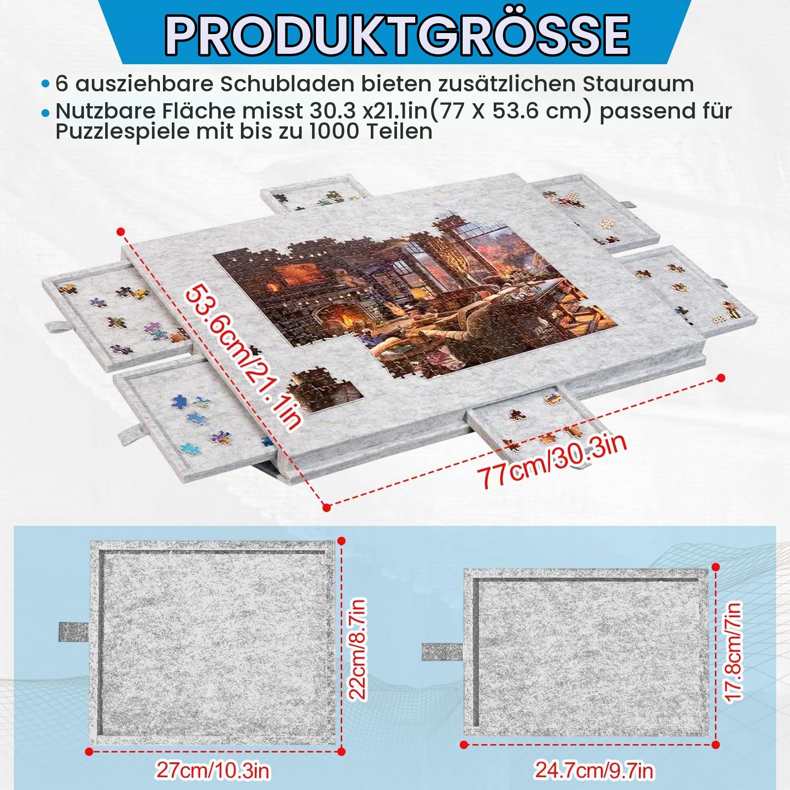 Kippbarer Puzzletisch,Tragbarer Puzzlebrett mit 6 Schubladen,Puzzle Board mit 2-in-1-Ständer und Abdeckung,Superleichtes Filz Puzzle Table,Jigsaw Puzzle Zubehör für bis zu 1000 Teile (Grau)