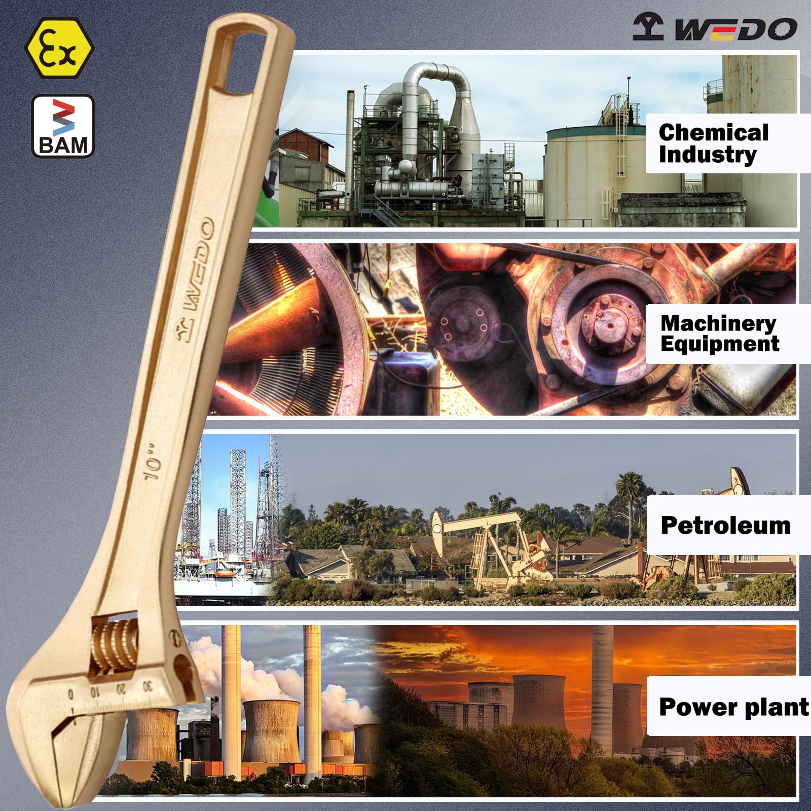 WEDO Nieiskrzący klucz nastawny, klucz do dużych obciążeń 30,5 cm, szeroki otwór szczękowy 36 mm, długość 300 mm, brąz aluminiowy, odporność na korozję, oznaczenie skali metrycznej, ergonomiczny