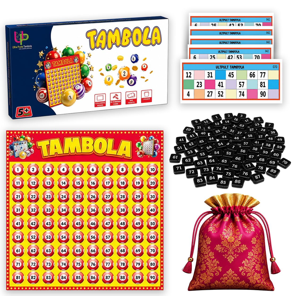 UltPult Tambola Housie Game Set Tambola Board Bingo for Adults & Kids | 300 Colourful Tickets (Big Size Booklet) | 1-90 Number Coins | Foldable Board Game | Cloth Pouch | Fun for Family & Kitty Party-image-11