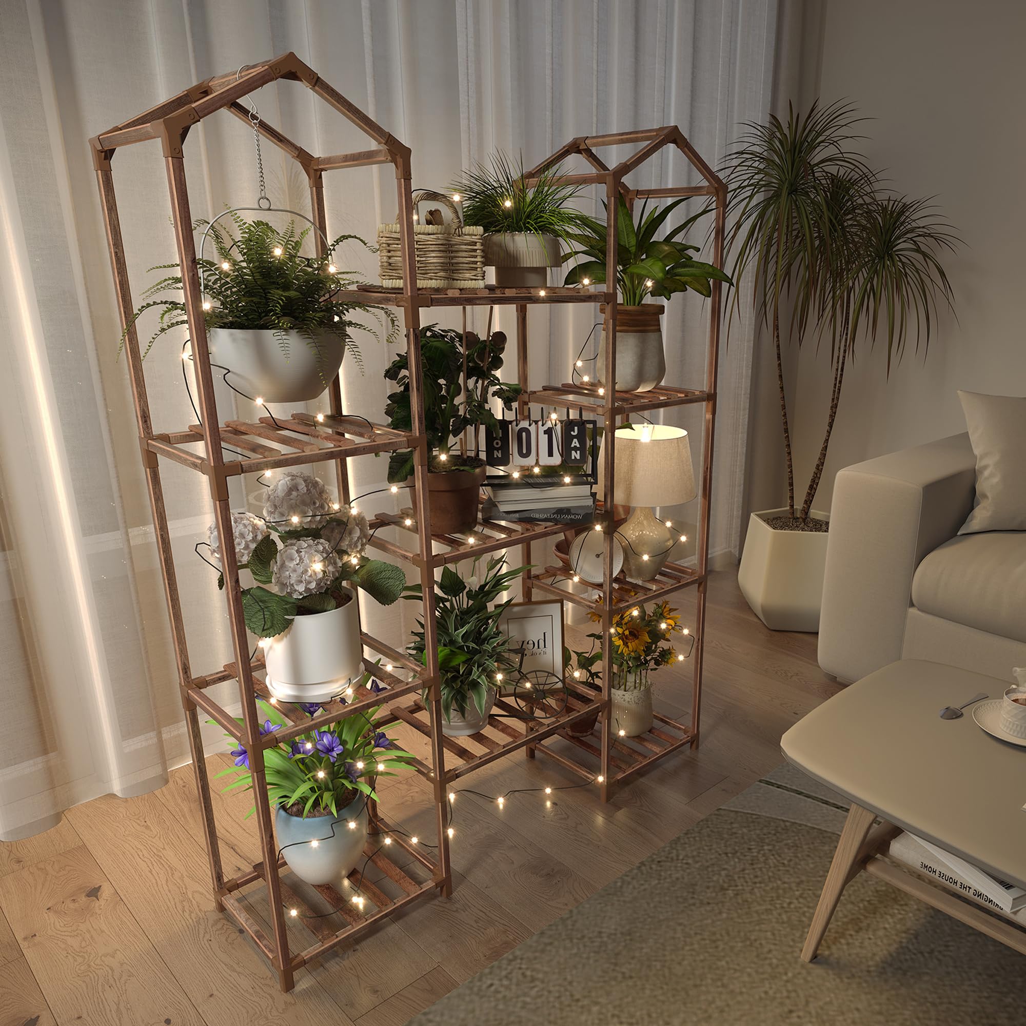 Tikea Plant Stand Indoor Outdoor Castle-shaped Plant Stand for Multiple Plants Large Wooden Plant Shelf Organizer Display Flowers Rack for Corner Living Room Patio Balcony (Model A 9 Tiers)