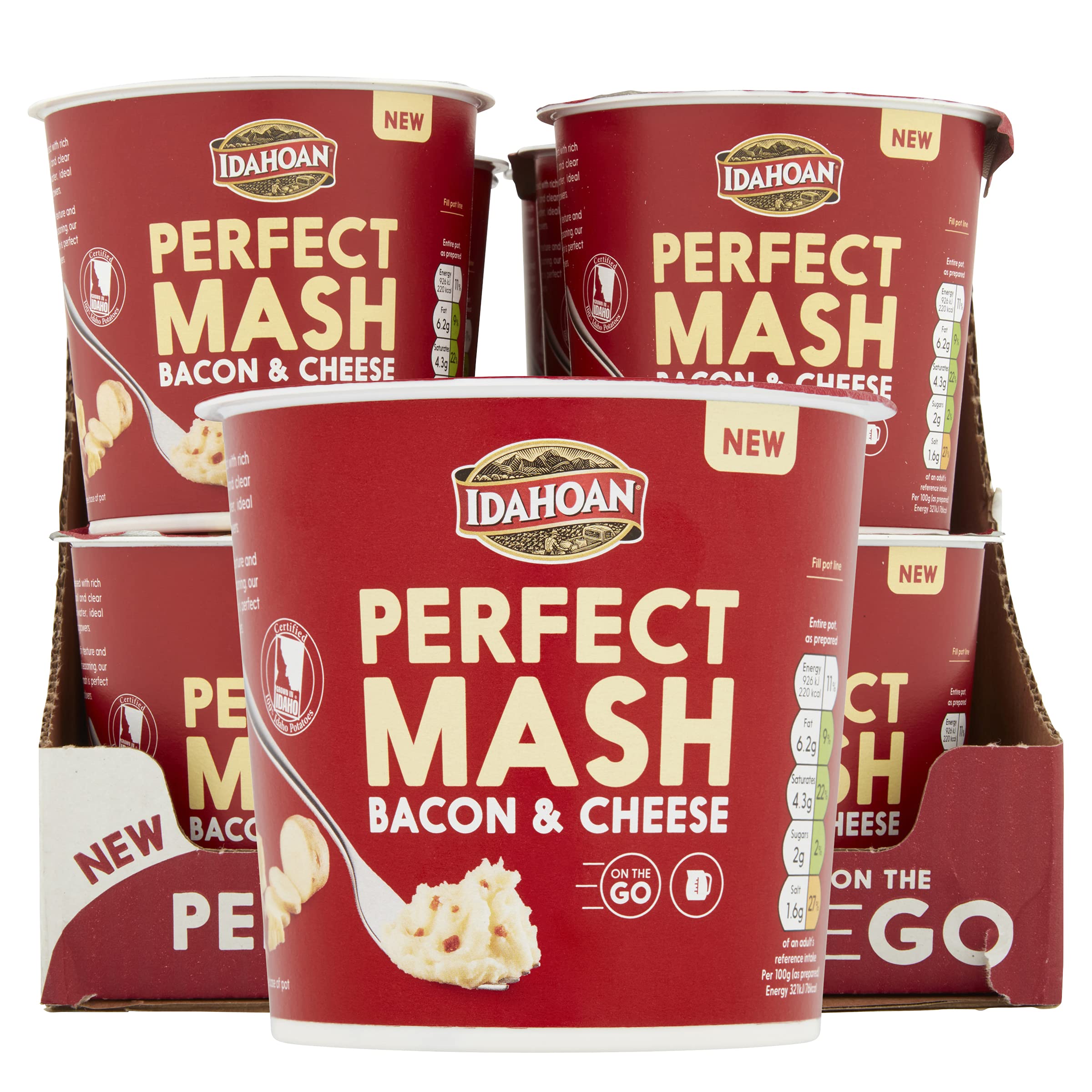 Idahoan Mashed Potato Pots, Bacon and Cheese, Dried Potato Mash, Cooks in 1 minute, Quick Lunch, Bulk Pack of 12