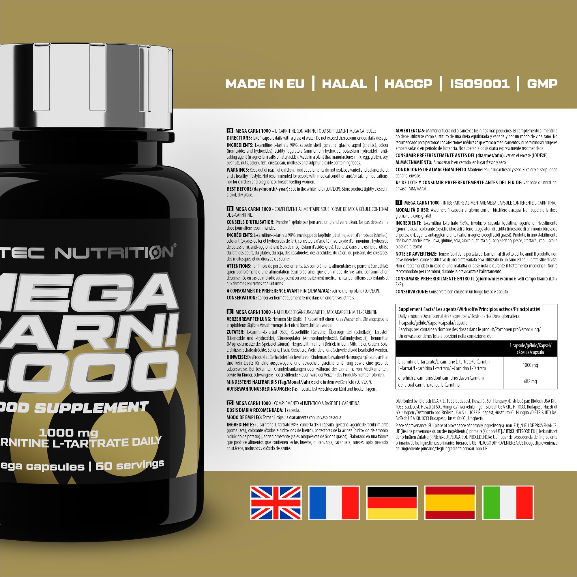 Scitec Nutrition Mega Carni 1000 | 1000 mg de L-carnitine L-tartrate par portion | Formule haute dose | Sans caféine, 60 méga gélules