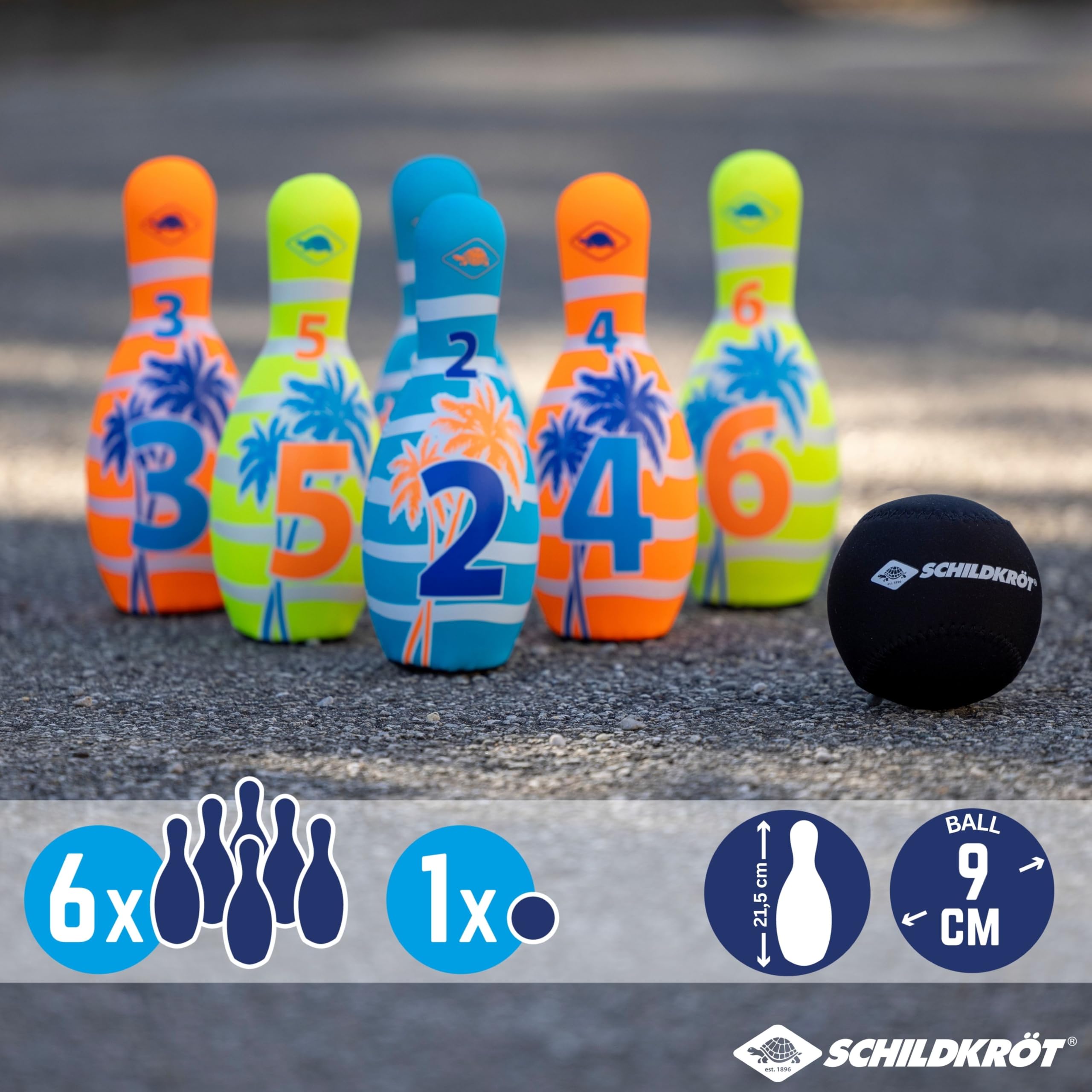 Schildkröt Neopren Kegel-Set, 6 Kegel (21,5 cm), 1 Ball (Ø9 cm), Bowlingset im Kartonträger, inklusive wiederverschließbarer Netztasche, 970227