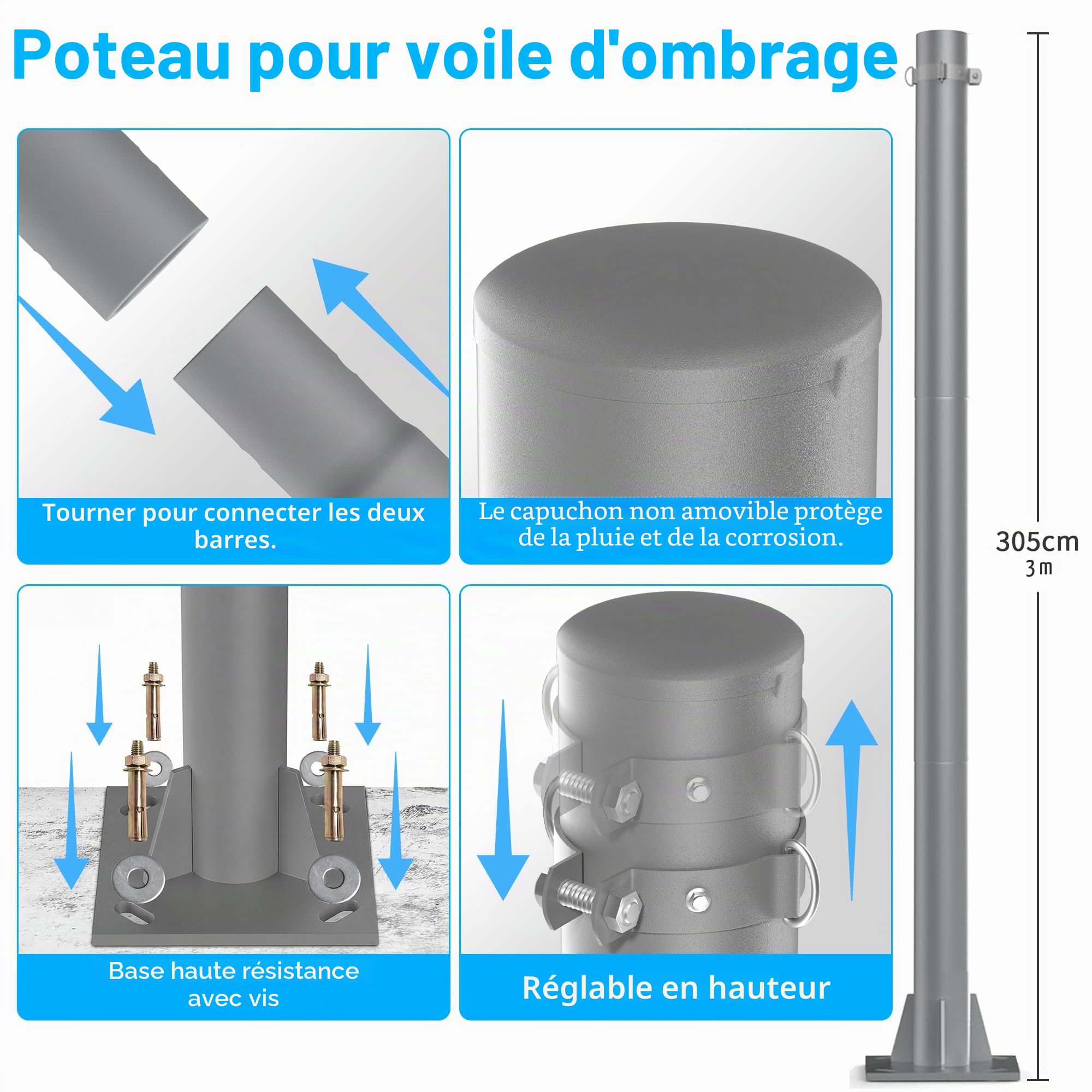 Mât de voile parasol réglable en hauteur 3m en acier - Poteau robuste (épaisseur de paroi de 2,5 mm) avec kit complet de fixation pour jardin, terrasse et balcon