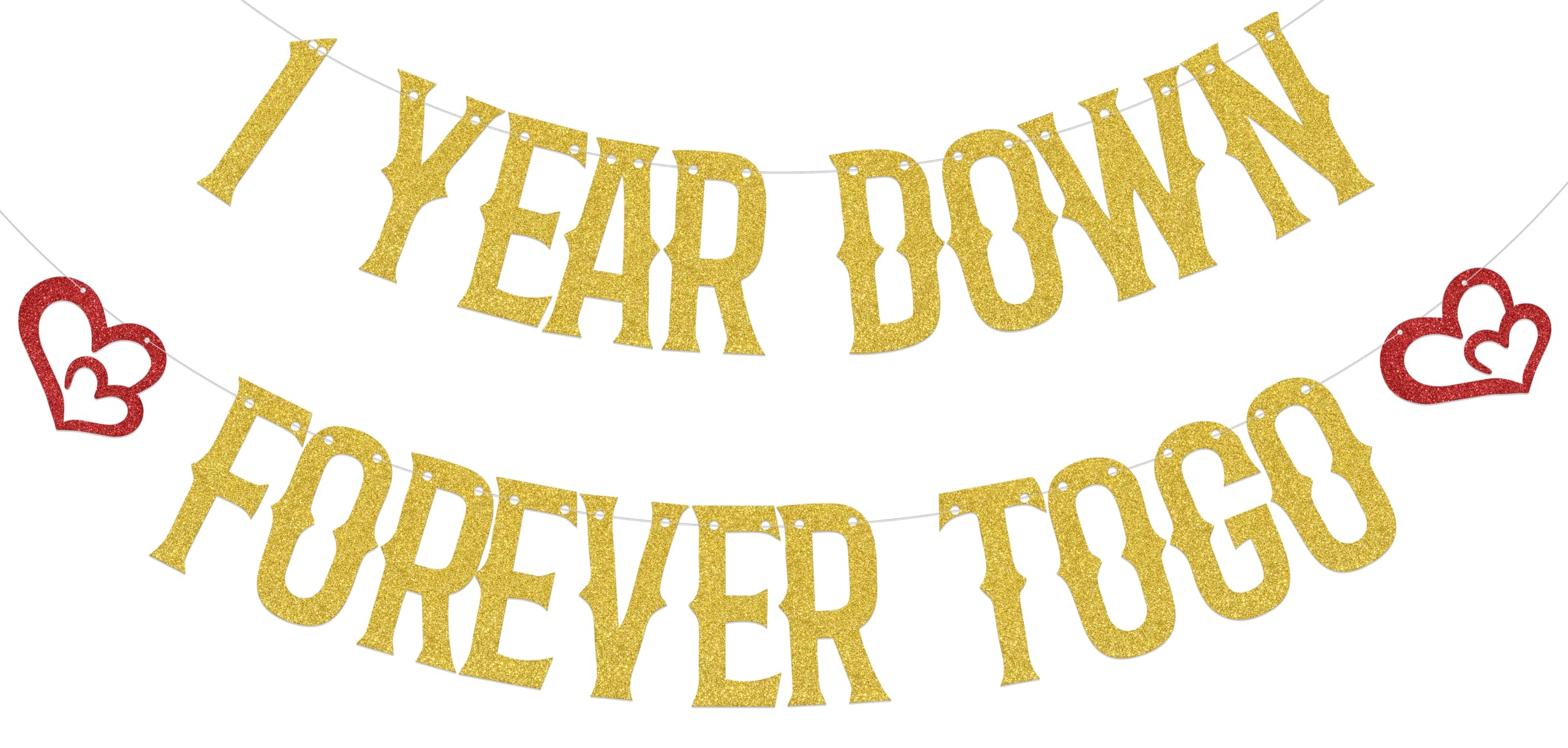 1 Year Down Forever to Go Banner,1 Year of Marriage Party Decoration,Happy 1st Wedding Anniversary Party Supplies Gold Double-Sided Glitter