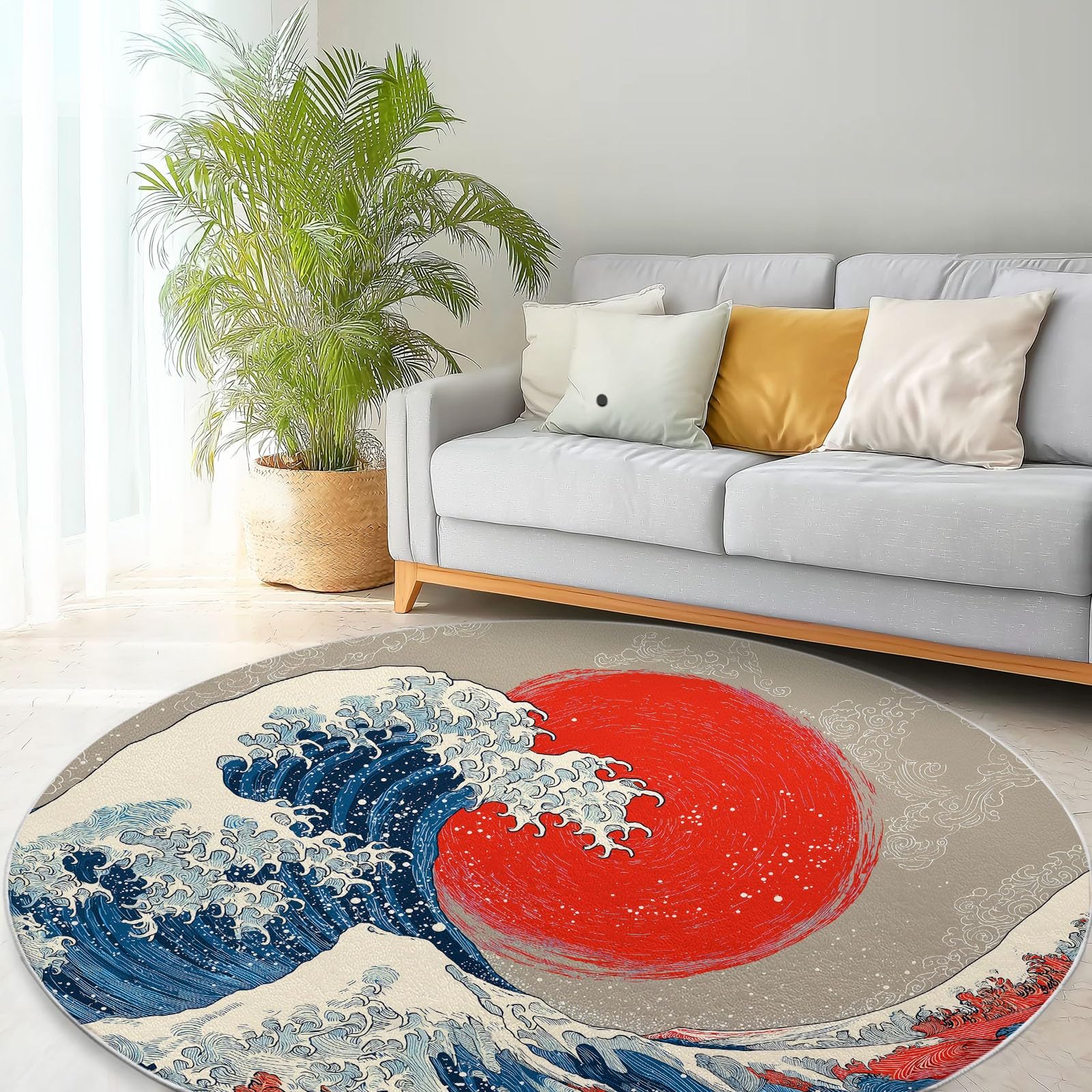 Générique Rond Tapis Japonais pour Salon, Salle à Manger, Chambre à Coucher, Tapis Rond à Poil Court Océan Vagues Soleil Antidérapant Fluffy 100 cm