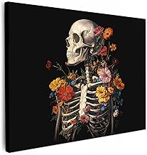 MuchoWow© Impression sur Toile Peinture 40x30 cm Tableau Mural Decoration Salon Reproductions de Tableaux Murale Moderne Squelette - Fleurs - Crâne - Coloré
