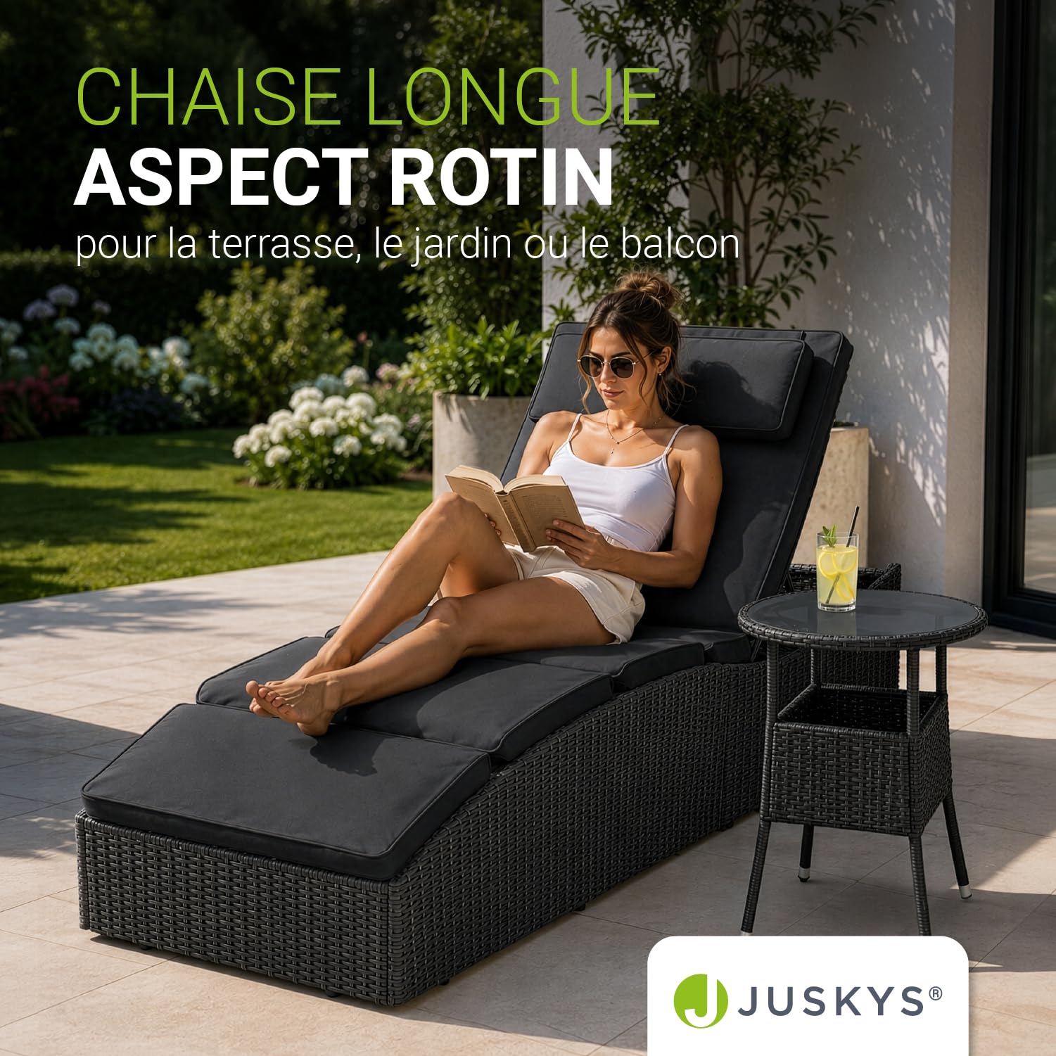 Juskys Chaise Longue de Jardin Lamia Pliante, en polyrotin, avec Support, appuie-tête réglable, Charge maximale de 160 kg - Chaise Longue extérieure de Jardin et Balcon, Noir