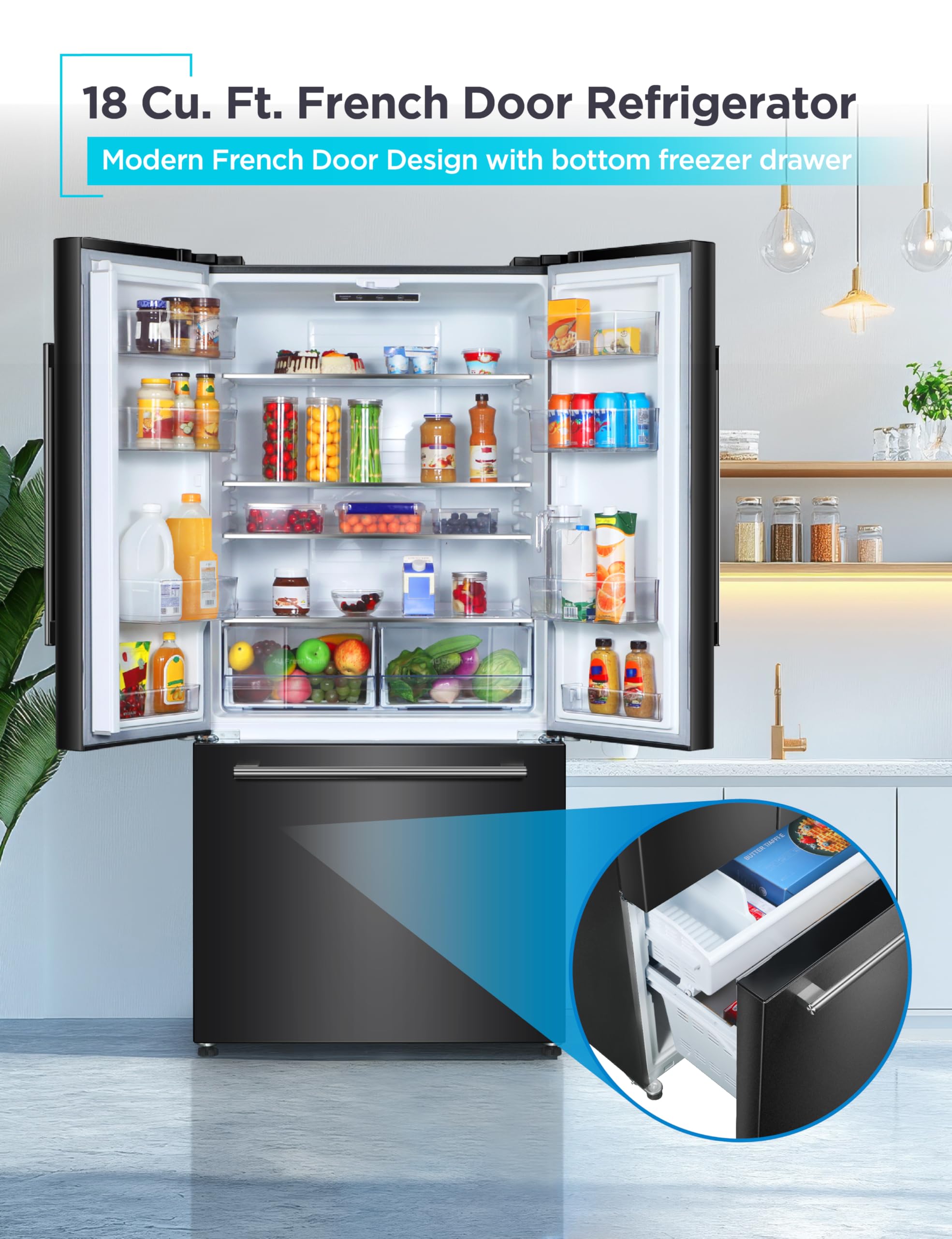 Black+Decker 18 cu. ft. French Door Refrigerator With Built-In Ice Maker, Full Size Refrigerator With Bottom Mount Freezer Drawer, Frost Free, Energy Star Certified, BRF1800GIMB, Black - View 2 | Fridge.com