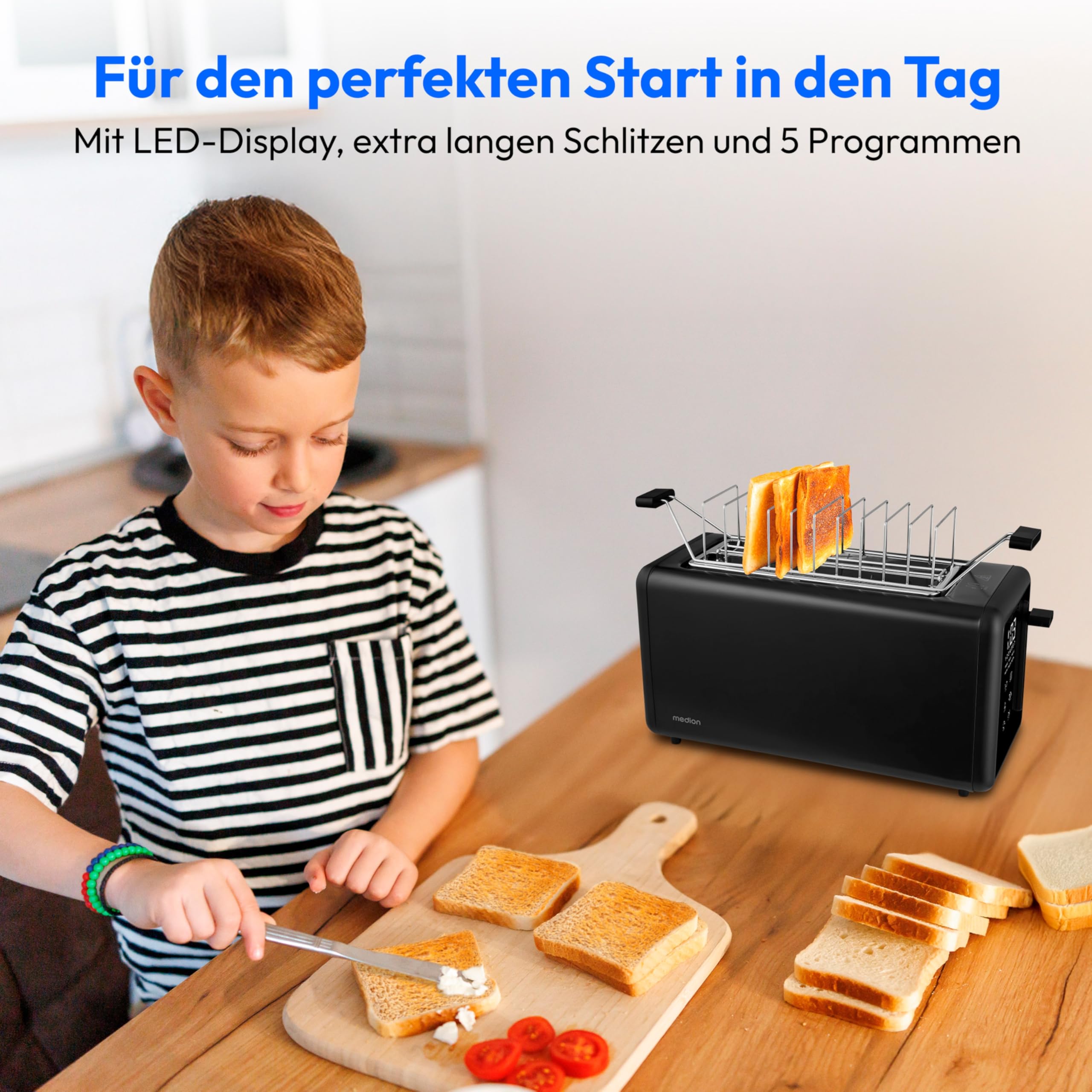 MEDION Toaster 4 Scheiben mit Brötchenaufsatz (7 Bräunungsstufen, 5 Automatikprogramme, 1.450 Watt, 2 lange Toastschlitze, Auftauen, Aufwärmen, Krümelschublade, Edelstahl Matt, MD 12103) schwarz