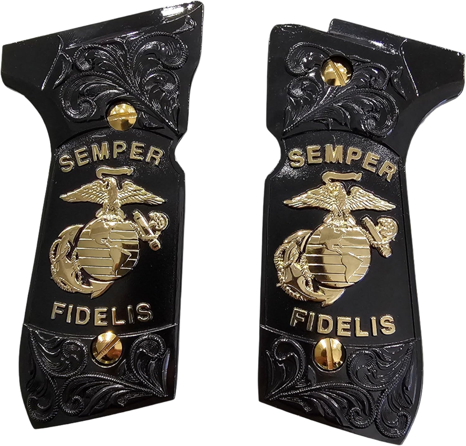 Marine Metal Grips for Beretta 92/96 Full Size, 92 fs, m9, 92a1, 92 INOX, Black Gold, Gun Grips Screws Included