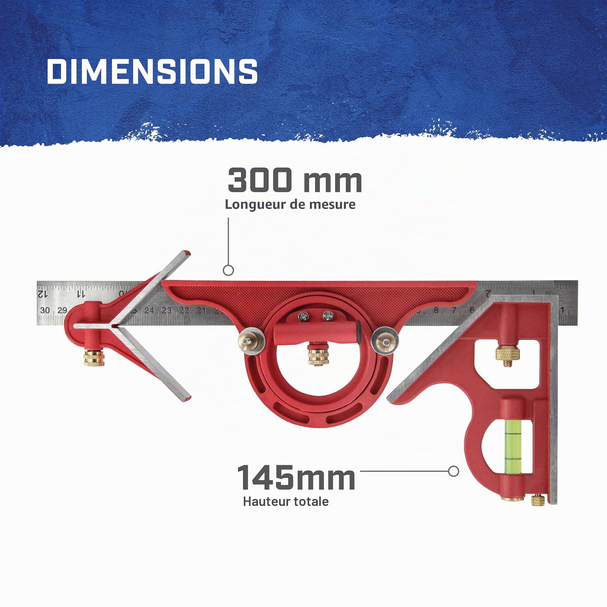 Équerre combinée Faithfull 300 mm (12 po) – Outil multifonction de mesure et de traçage avec rapporteur, centreur, niveau à bulle et règle en acier inoxydable pour le travail du bois et du métal