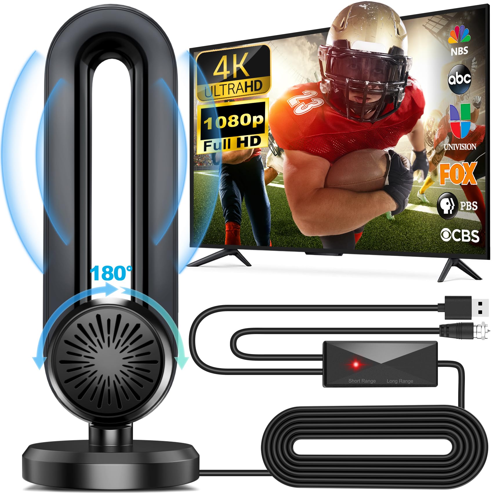 TV Antenna Indoor for Local Channels: Bunobry Portable Long Range 360° Reception Digital HDTV Antenna - Strong Magnetic Base Support 4K 1080P VHF UHF with Smart Switch Signal Amplifier