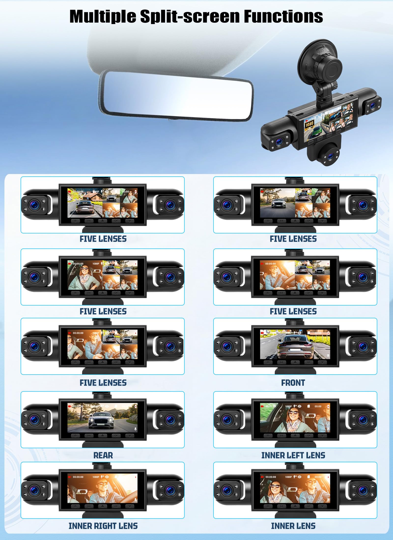OiLiehu 5 Canales Cámara para Salpicadero 3,16" para Coches, Resolución 1080P + 480P, 5 Lentes con Grabación en Bucle, G-Sensor, Visión Nocturna, Asistencia Aparcamiento,Detección de Movimiento