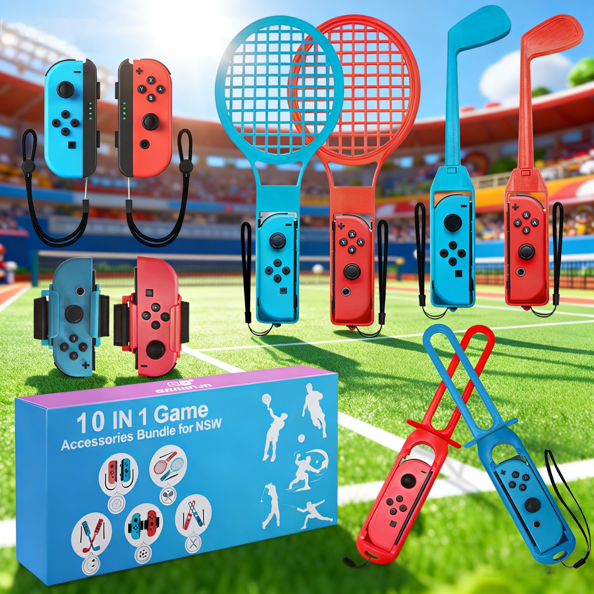 10 in 1 Accessories Kit for Nintendo Switch Sports,Family Accessories Bundle Compatible with Switch/Switch OLED Sports Games with Soccer Leg Strap,Golf Clubs ,Tennis Rackets,Swords (Red blue)