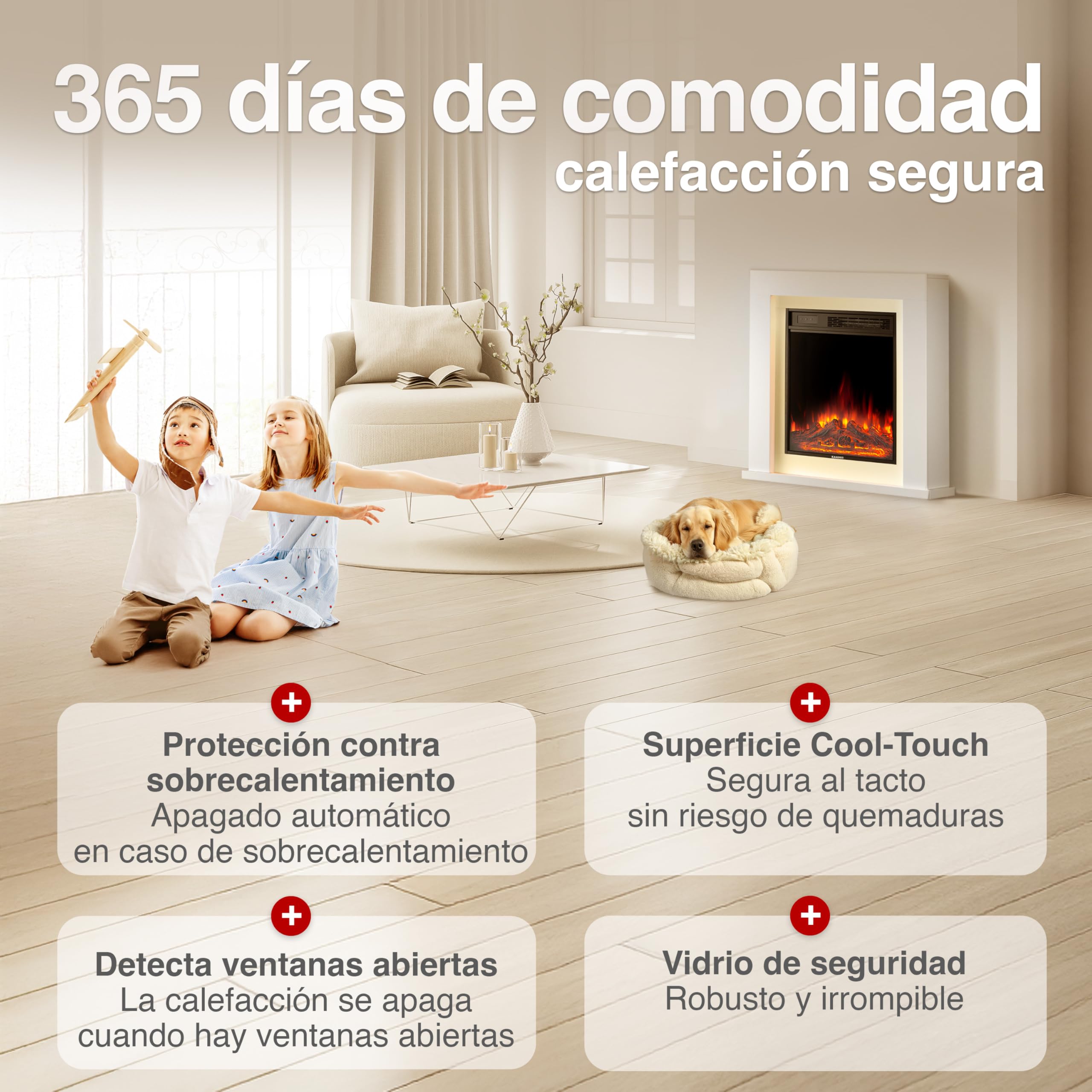 KAMINIO Chimenea eléctrica Matti - Chimenea eléctrica de pie con calefacción, Efecto de Llama 3D, Luz Ambiental LED, Control Remoto - 32 Pulgadas (Blanco)