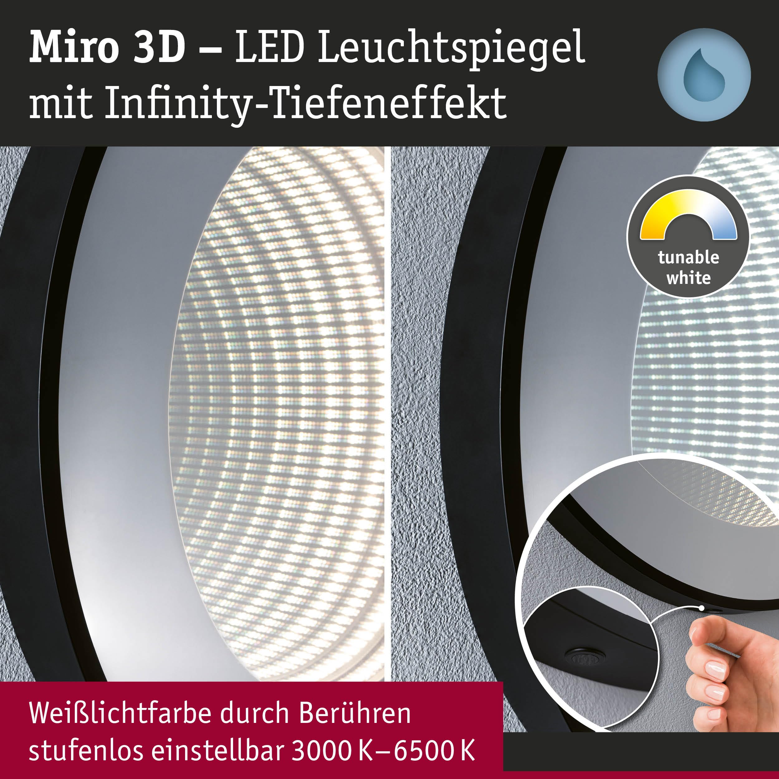 Paulmann 79561 LED Leuchtspiegel Miro IP44 Tunable White 70lm 230V 11,5W Spiegel, Schwarz matt