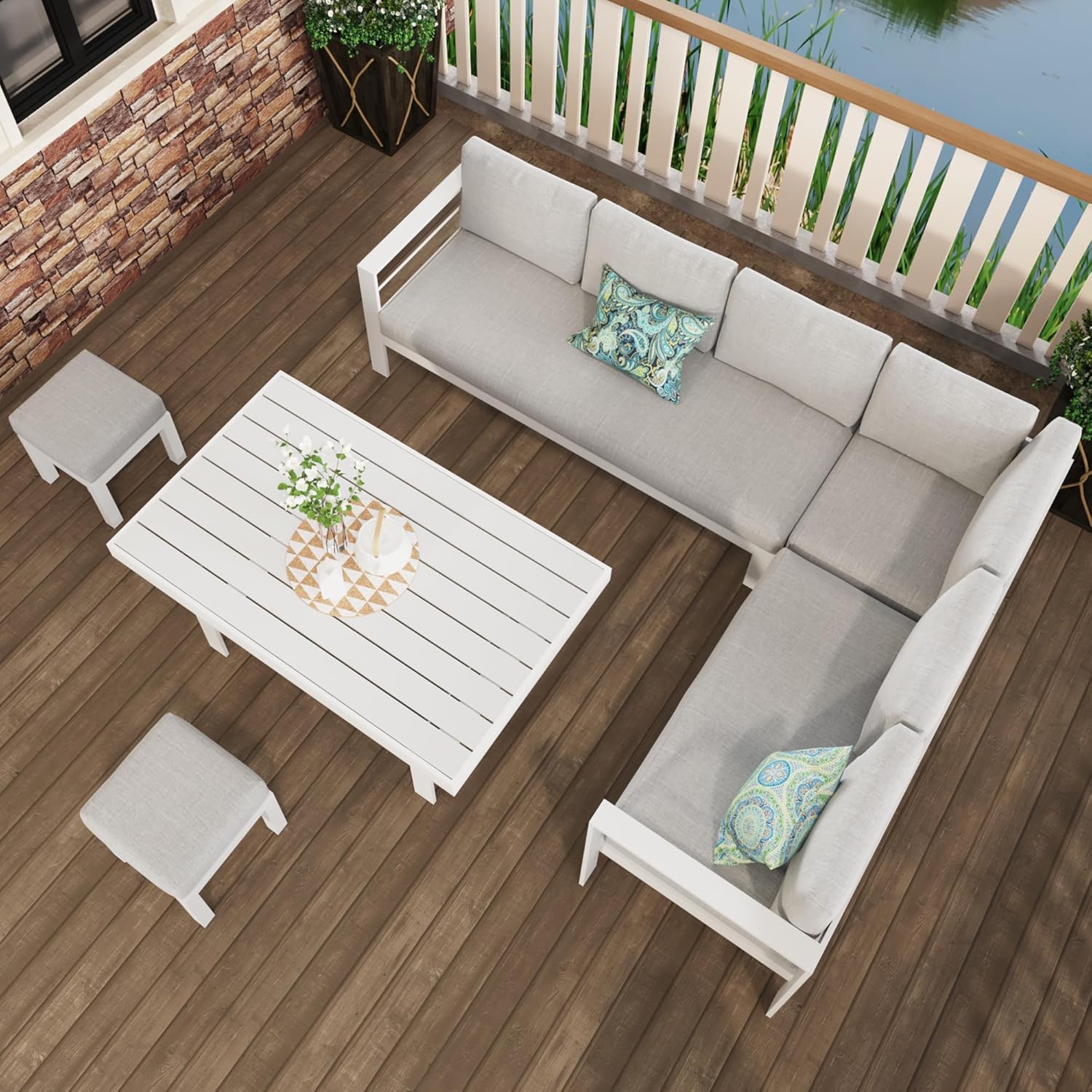 Solaste Outdoor Patio Ottomans Set of 2, Aluminum Outdoor Foot Stools with Cushions, Small Seat Furniture for Balcony, Backyard, Porch, Lawn,Light Grey