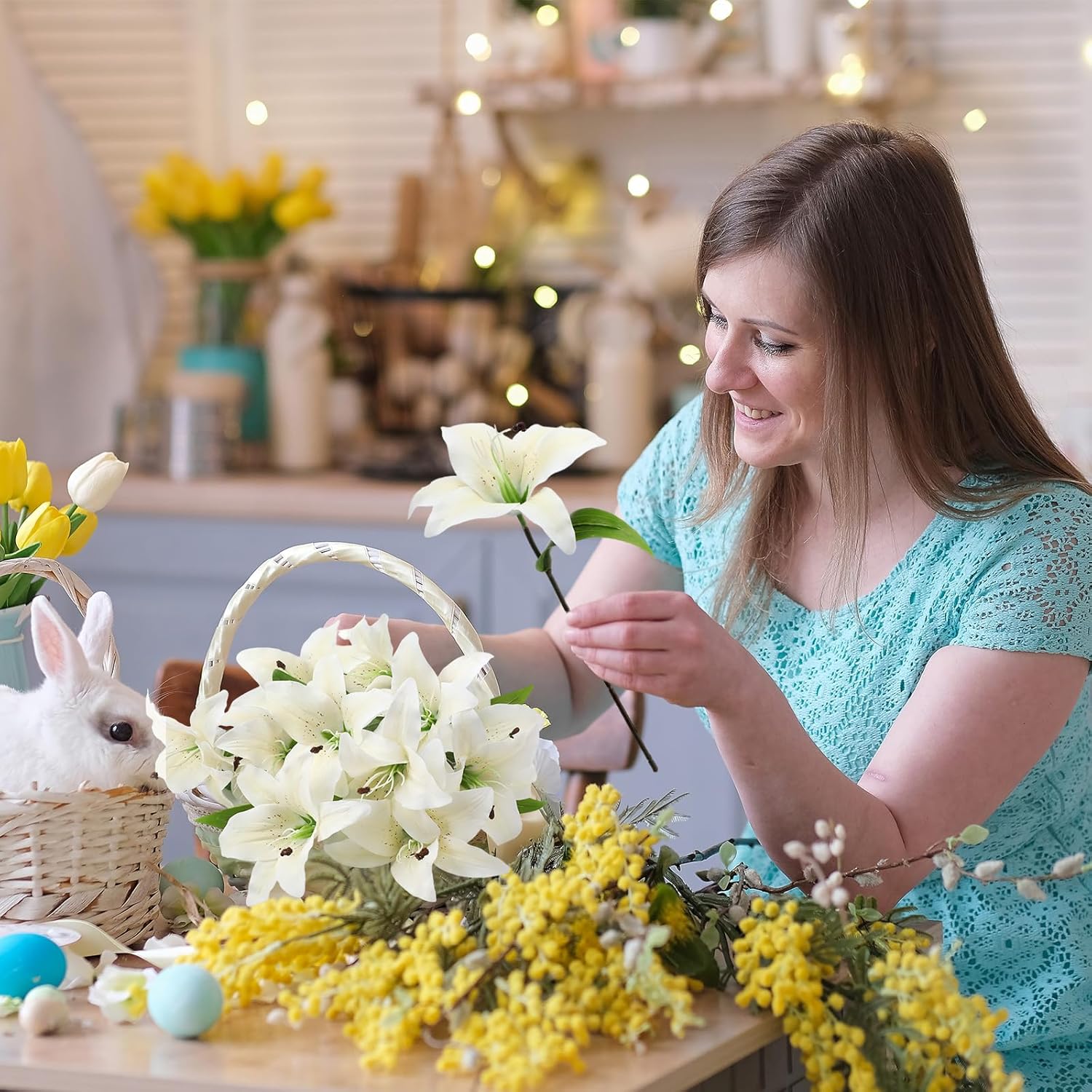 Riceshoot 12 Pcs Artificial Tiger Lily Flowers Real Touch Easter White Latex Fake Lily Bouquet Faux Flowers for Easter Indoor Home Table Office Wedding Decoration - Image 5