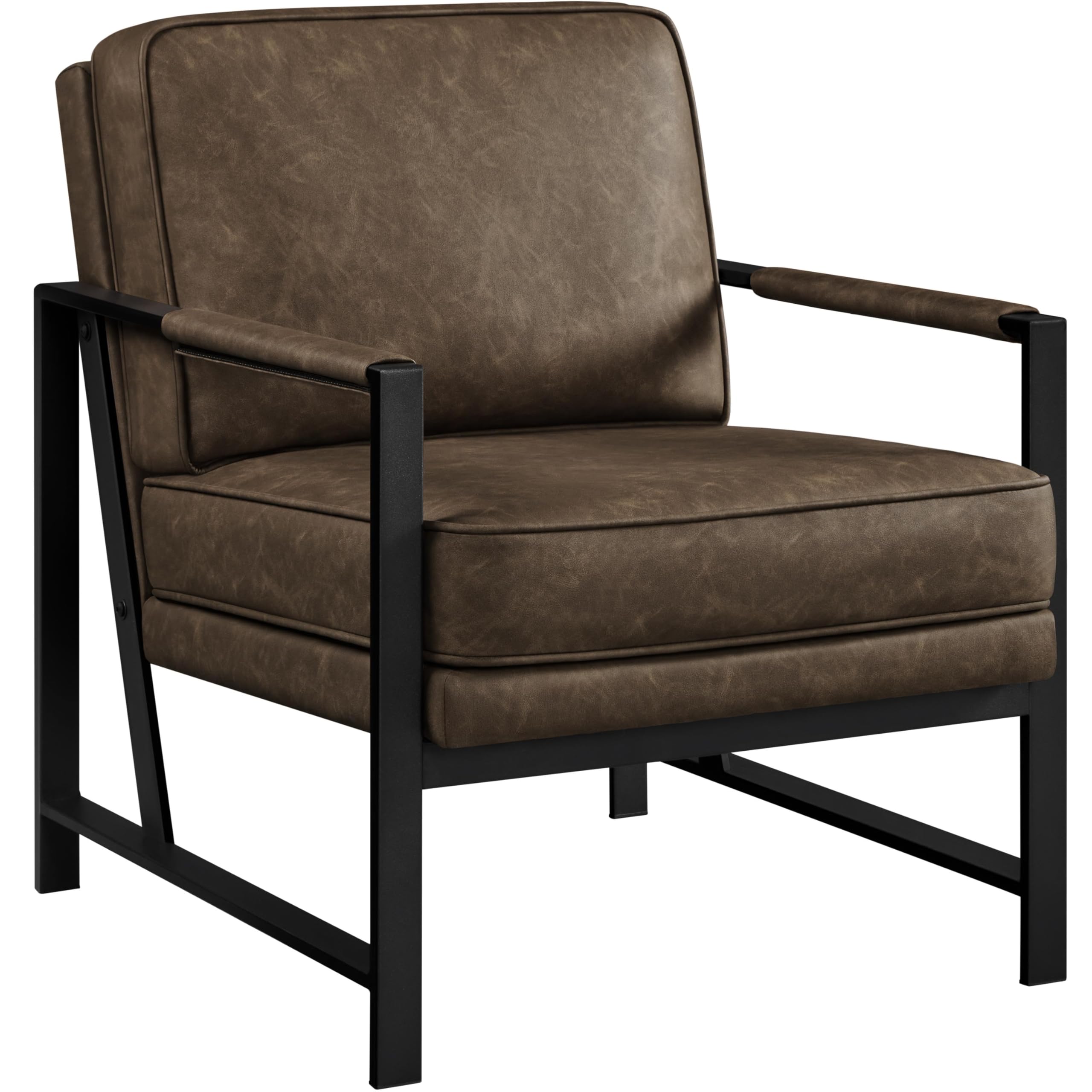 Yaheetech PU Leather Armchair, Retro Leisure Accent Chair with Extra Soft Padded and Cushion, Modern Reading Arm Chair with Black Metal Frame for Living Room/Office/Bedroom/Study, Brown