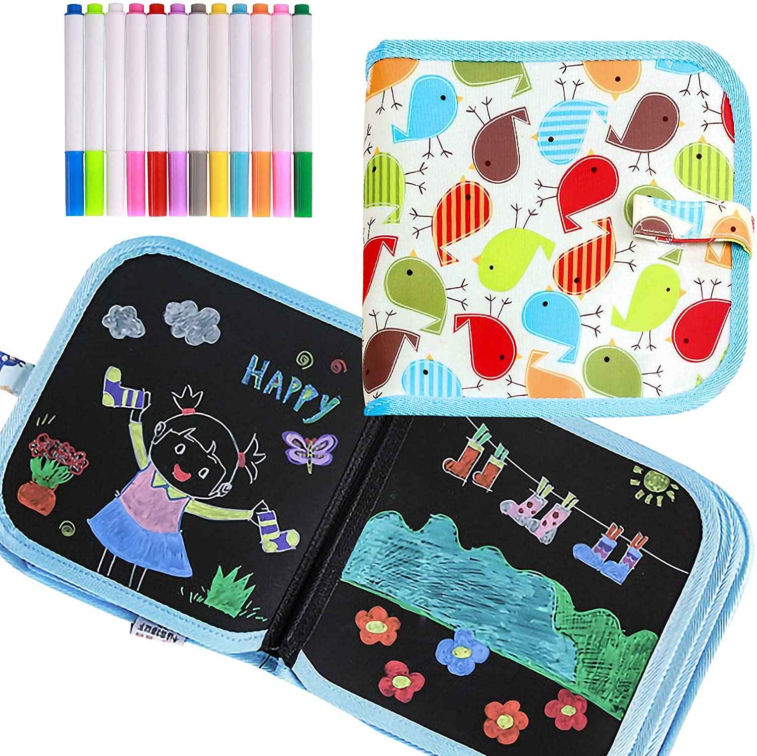 TDOO Reusable Drawing Pads, Preschool Travel Art Toy Scribbler Board for Travel, Road Trip, 14 Pages for Funny Drawing with 12 Watercolor Pens (Blue/Bird) (B1)