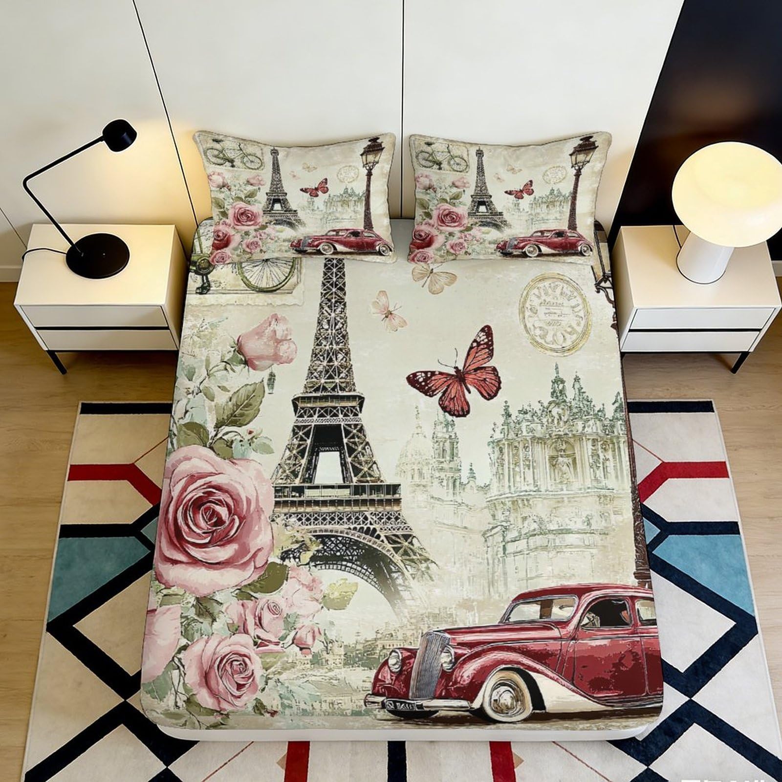 3D Printed Fitted Sheet Paris Eiffel Tower Butterfly Pattern Microfiber Soft Touch, Bed Cover Home Decor, Guest Room Bedding 118 90x200x25cm