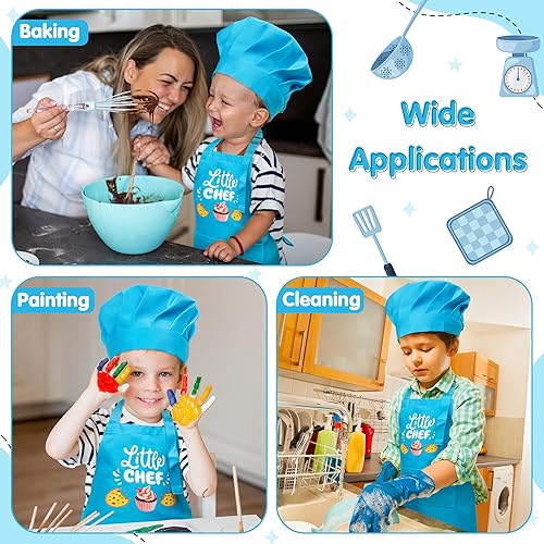 Miniatura 4 de R HORSE Juego de 2 delantales para niños y sombrero de chef, delantal de cocina azul ajustable para niños, kit de pintura y entrenamiento, juego de