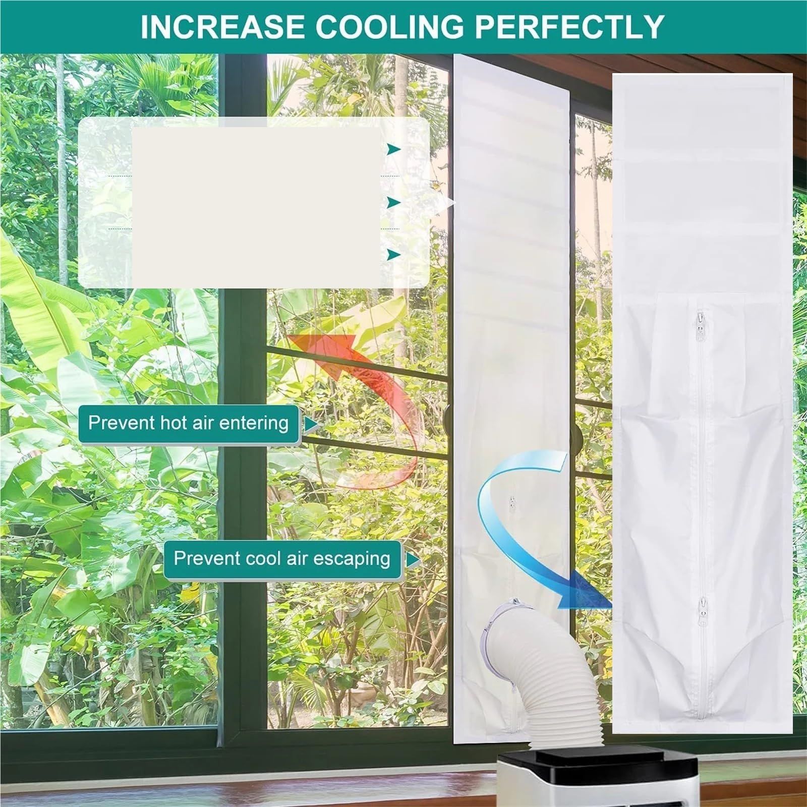 Sellador de Ventanas portátil for Aire Acondicionado, Tela for sellar Ventanas con Cremallera, Longitud Ajustable, Tela Suave for sellar Ventanas.
