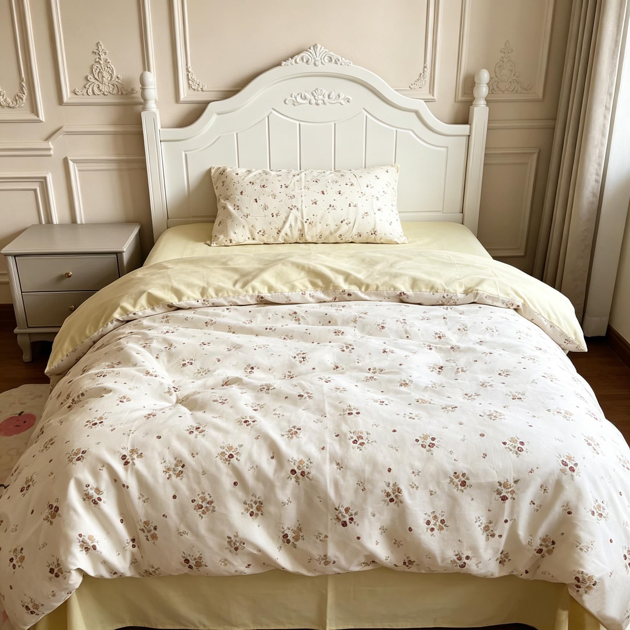 Housse de couette 140x200 florale beige lit simple avec taie 50x70