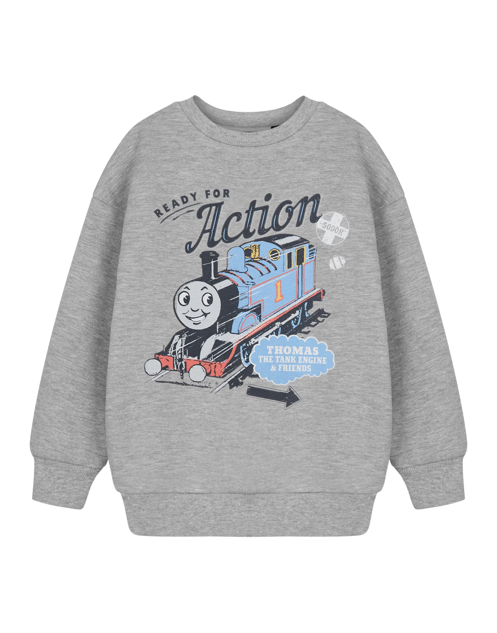 Thomas & Friends Boys Grey Marl Thomas And Friends Long Sleeve Grey Graphic Tee | Classic Cartoon Top Featuring Thomas The Tank Engine | Ready For Action Slogan | Plain Crew Neck Pull On Shirt For Casual Wear