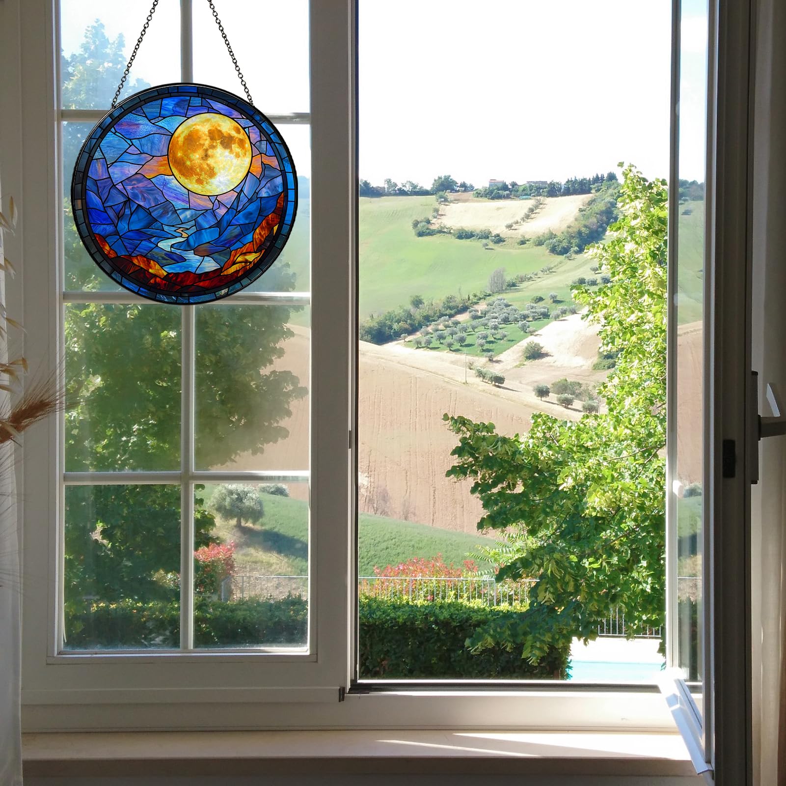 Full Moon Stained Glass Suncatcher, Celestial Window Hanging Decor with Lunar Crater Details, 7.87 Inch Sun Catchers Indoor Window, Mystical Night Sky Gift for Moon Lovers, Women, Men