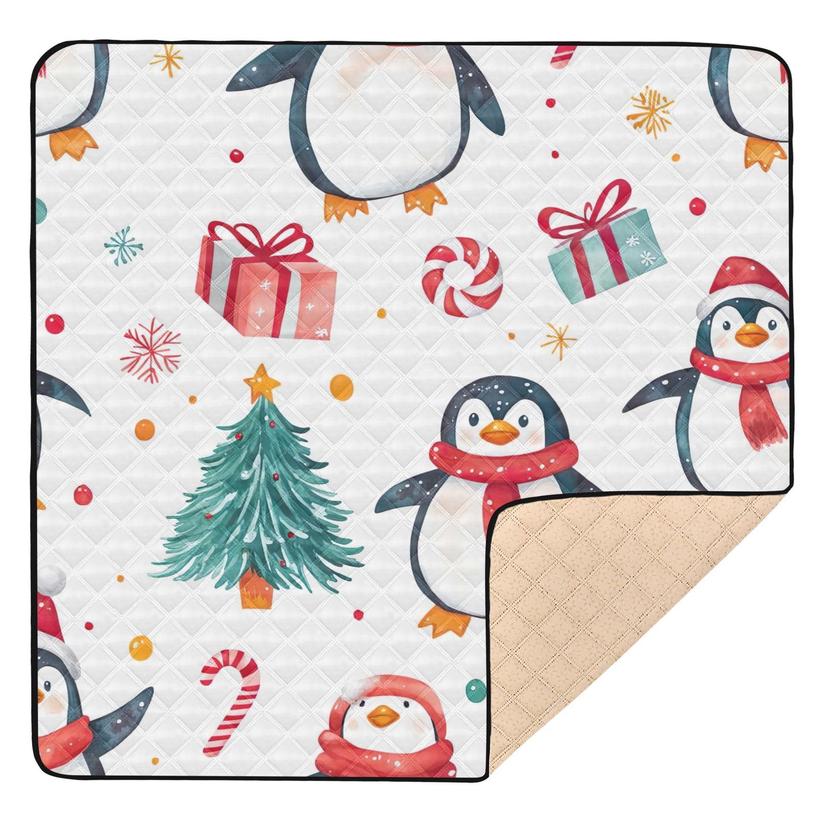 BOESI Doodle Cute Penguin Pattern Baby Play Mat, 50“ X 50” Washable Folding Crawling Mat, Baby Floor Mat, Soft, Thick, Non-Slip