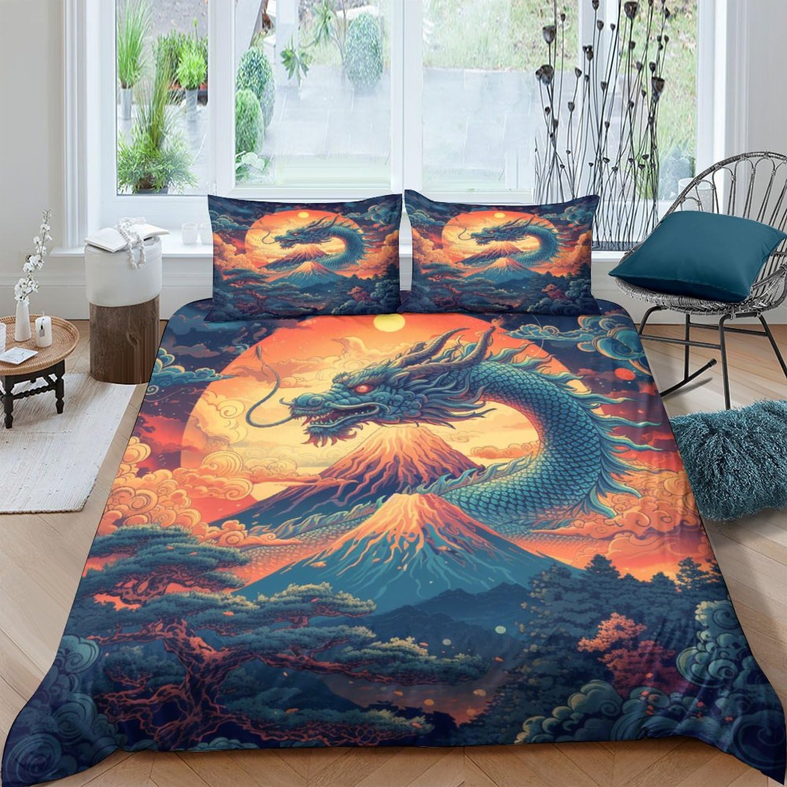Stampato in 3D Loong cinese Copertina Stampata Microfibra Disegnata Biancheria Da Letto Stile Morbido Set 3 Pezzi,Double（200x200cm）, Per Adolescenti E Adulti
