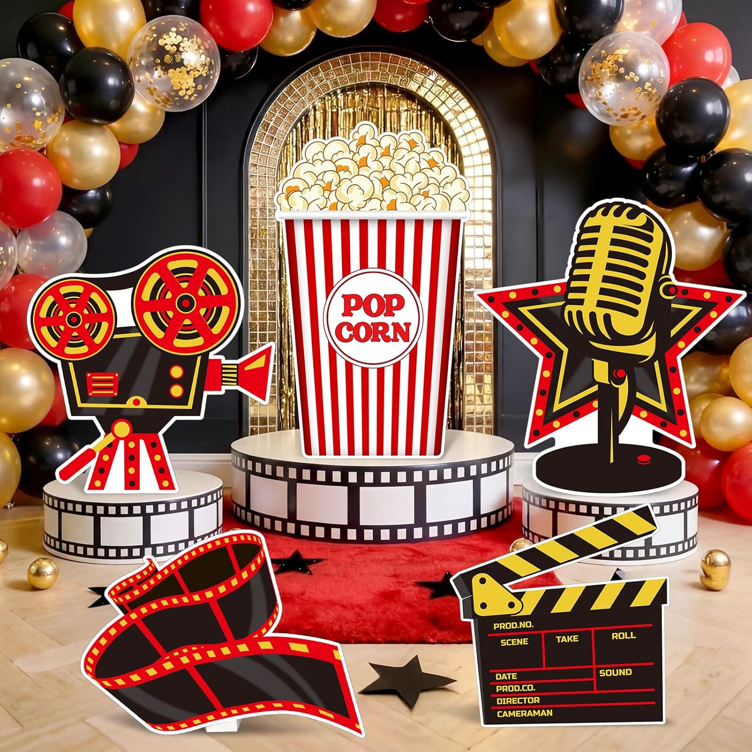 Capoda 5 Pcs Large Movie Night Party Decorations 16.5 to 26.4 inch Movie Reel Popcorn Clapboard Cardboard Cutouts Stand up Decoration for Film Theater Themed Party Lawn Yard Decor Backdrop Photo Prop