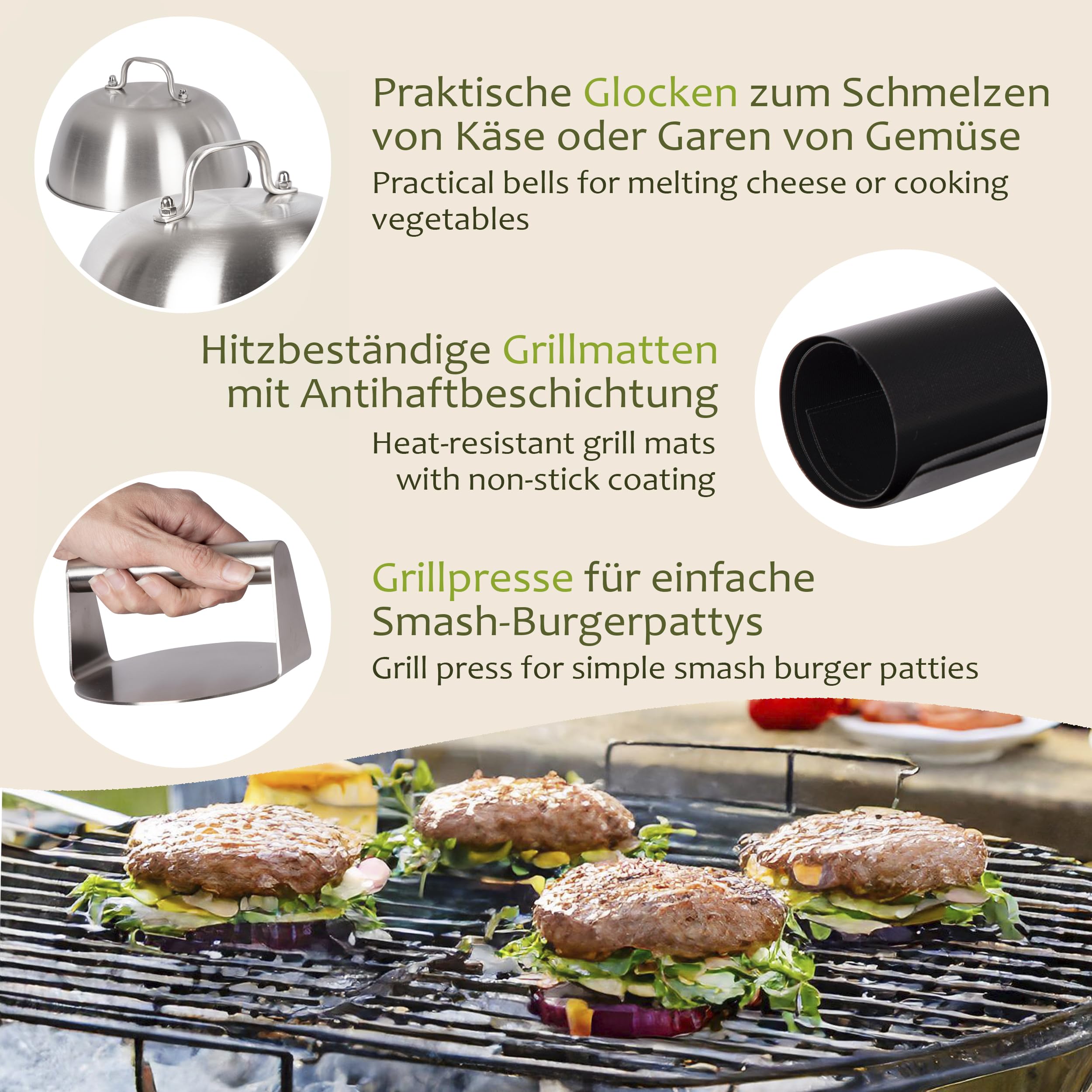 ONVAYA® Burger Set ǀ 8 Teile inkl. Edelstahl Burgerglocke und Smash Burgerpresse ǀ Smash-Burger-Set mit Grillmatte, Wender und Schmelzglocke ǀ Burger Smasher ǀ Grillglocke