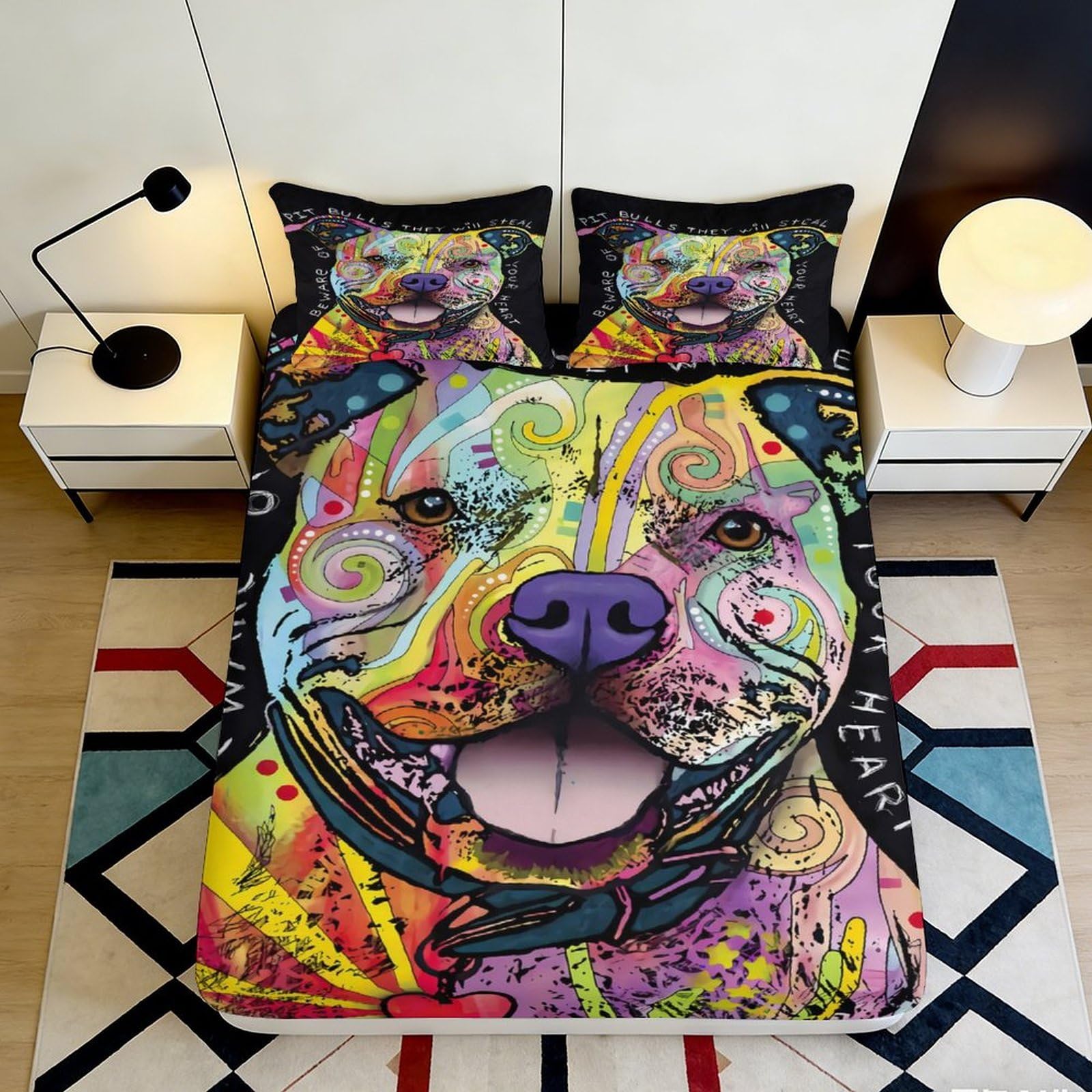 3D Printed Colorful Pitbull Dog Fitted Sheet Microfiber Soft Durable Vibrant Art Mattress Cover for Bedroom Dormitory Guest Room Protection 200x200x25cm